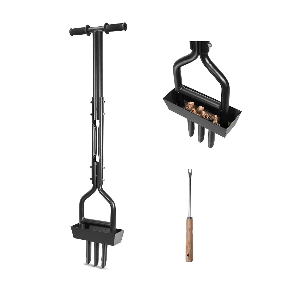 HYCHIKA Aireador de Césped, Aireador de Púas Huecas con 3 Púas Huecas, Caja de Recogida de la Columna de Tierra, Mango en T, Herramienta Manual de Aireación de Césped para Jardín, Cuidado del césped