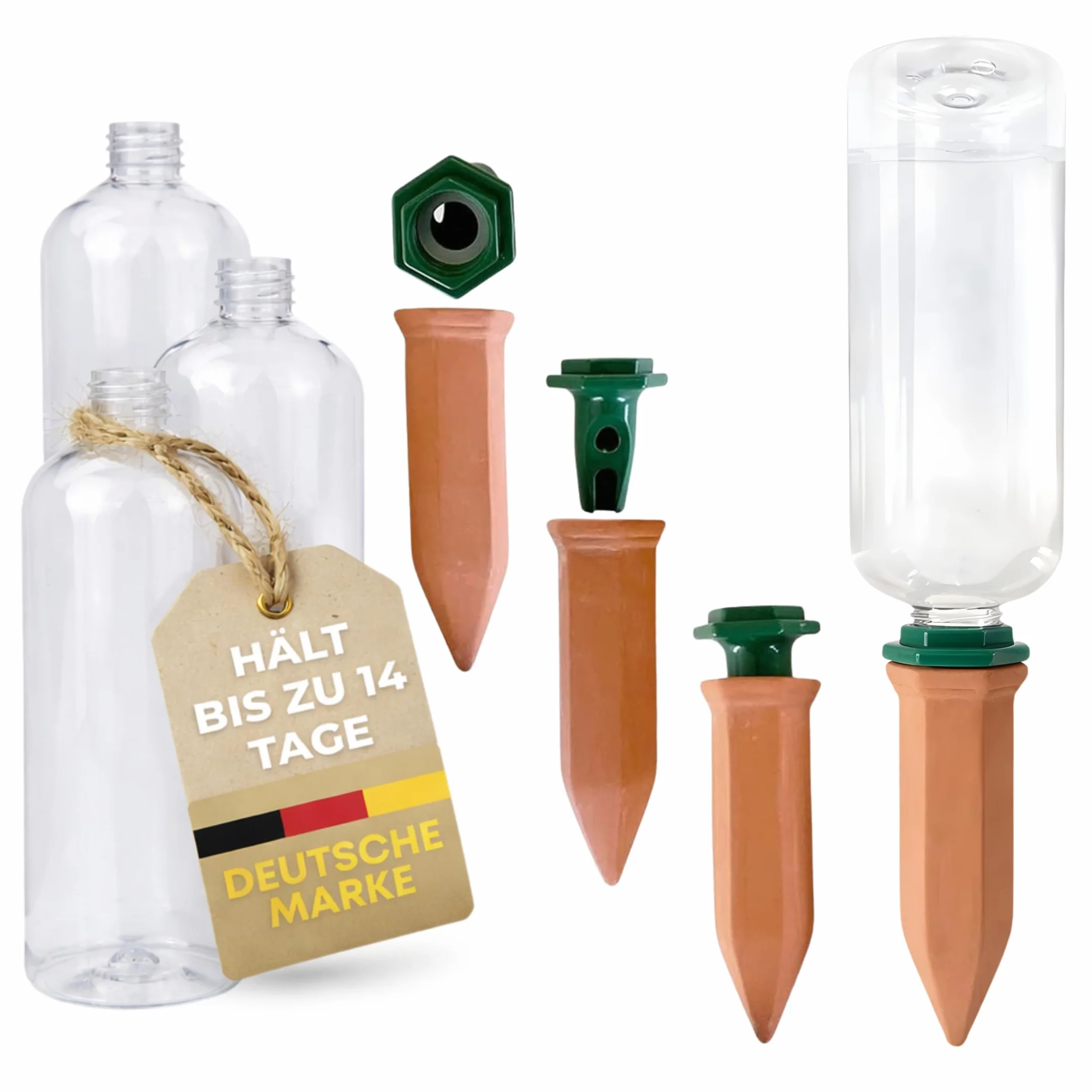 Sistema de riego para plantas, juego de conos de arcilla con adaptador y botellas de PET de 750 ml, riego automático de vacaciones para plantas de interior y balcón