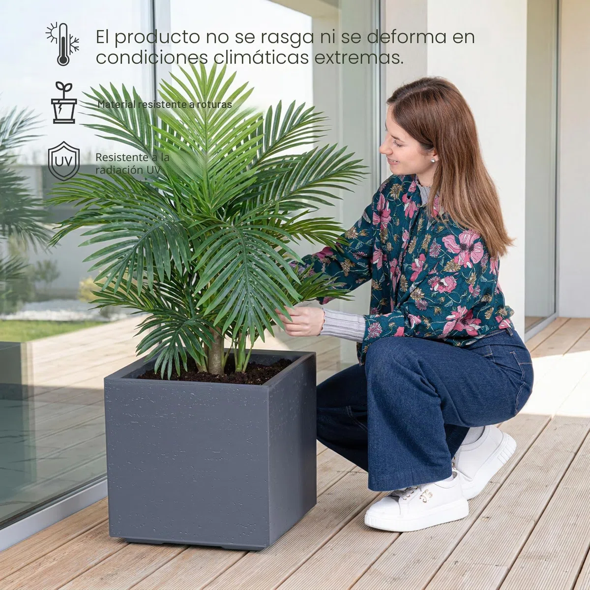 KONZEPT gran macizo de flores con ruedas 40x40x40 cm, para interior y exterior, cuadrado, antracita con aspecto de hormigón, de plástico, móvil – ideal para jardín, terraza, balcón y espacios