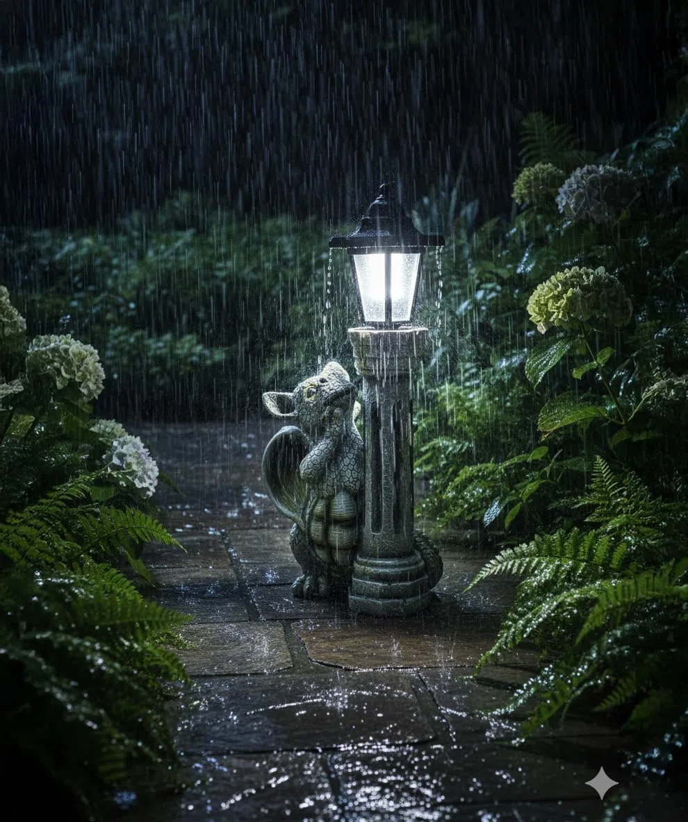Kremers Schatzkiste Niño Dragón con Linterna Solar 44,5 cm Figura de Dragón Gárgola de Jardín