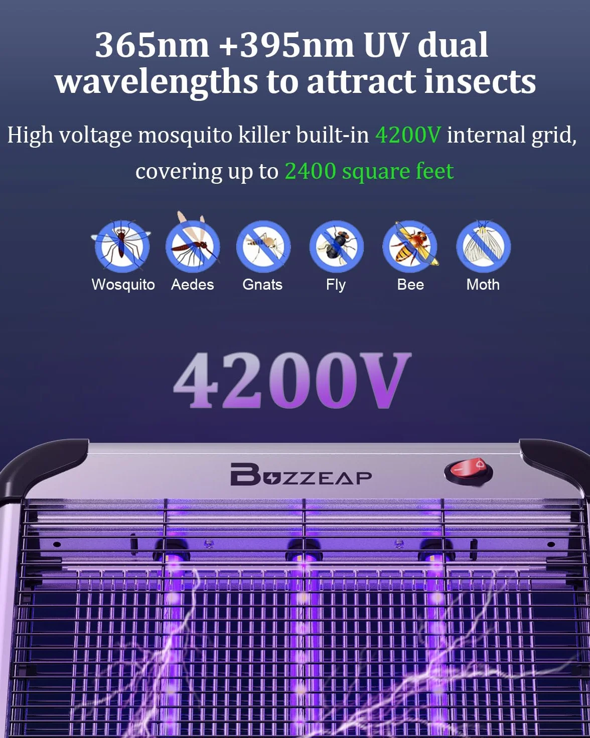 Lámpara Antimosquitos Eléctrica 4200V con Doble Onda UV 365+395nm - Matainsectos para Interiores Sin Químicos, Inodora, Trampa para Moscas y Mosquitos con Red Eléctrica