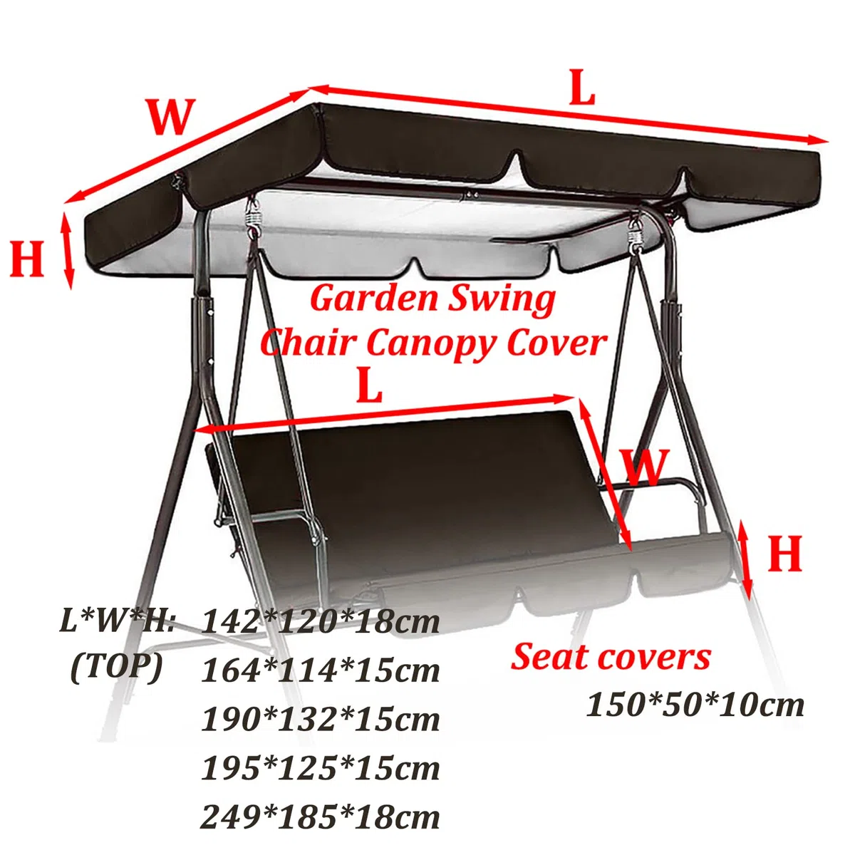 Toldo Recambio Balancin de Jardin con Cubierta Asiento 2/3 Plazas, Techo y Asiento de Repuesto para Columpio Jardín, Telas para Toldos Universal, Recubrimiento de PU Imp(Size:195x125x15cm,Color:Gris)