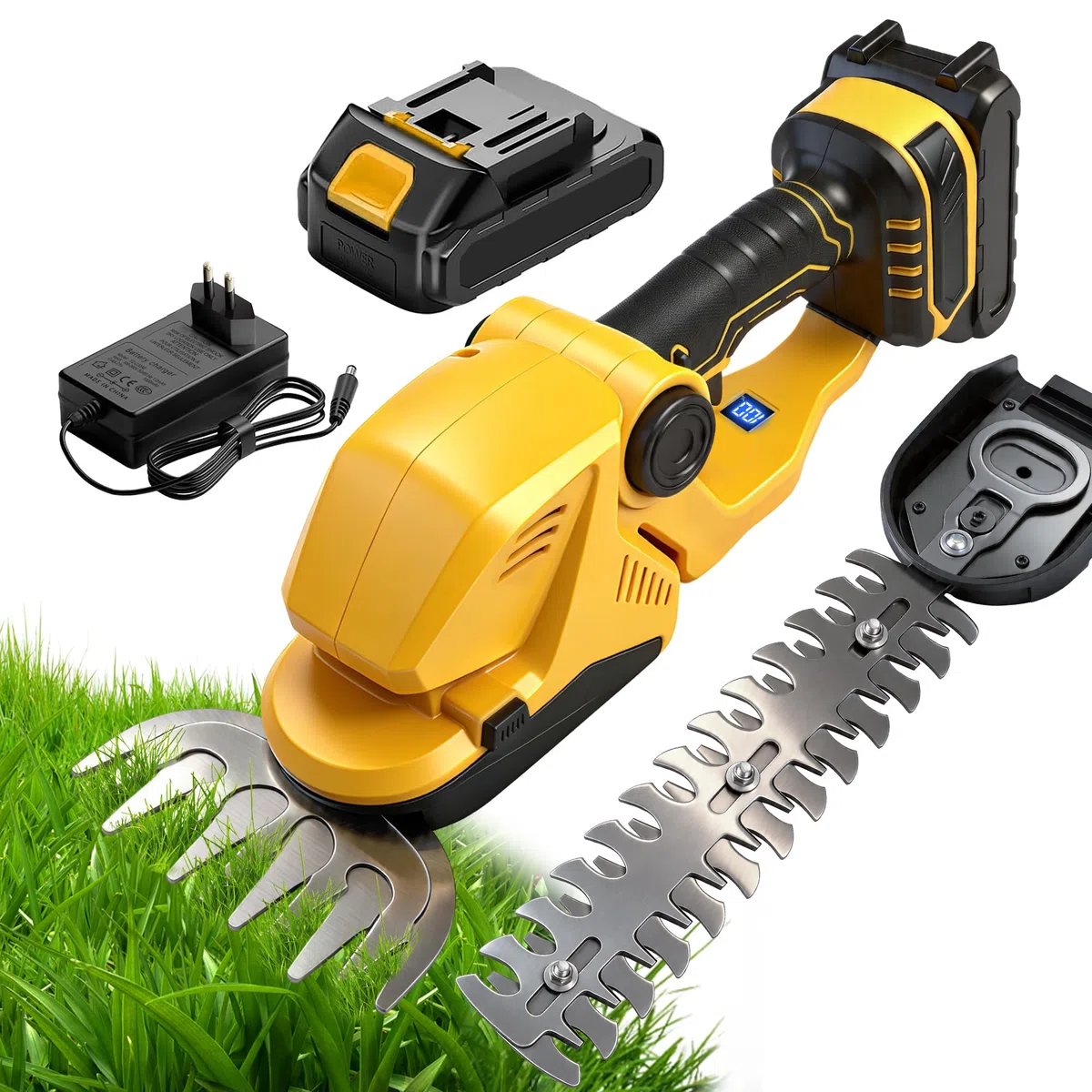 KingSom Tijeras Cortasetos y Arreglasetos 2 en 1, Corta Setos Jardin Electrico 21 V con Batería y Cargador, Pantalla Batería, Cortacetos Electrico, 2 Cuchillas - 23cm para Arbustos, 13.5cm para Césped