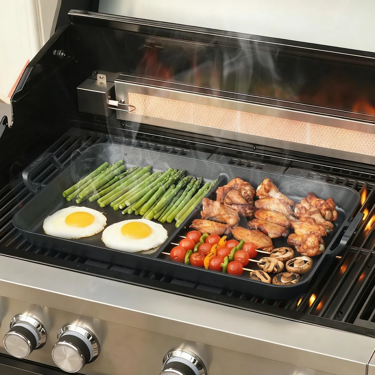 Onlyfire Plancha de Hierro Fundido para Inducción y Gas | 52x34cm Plancha con Revestimiento Antiadherente | Parrilla para Reuniones Familiares | Doble Zona, Ideal para Cocinar Carne y Verdura