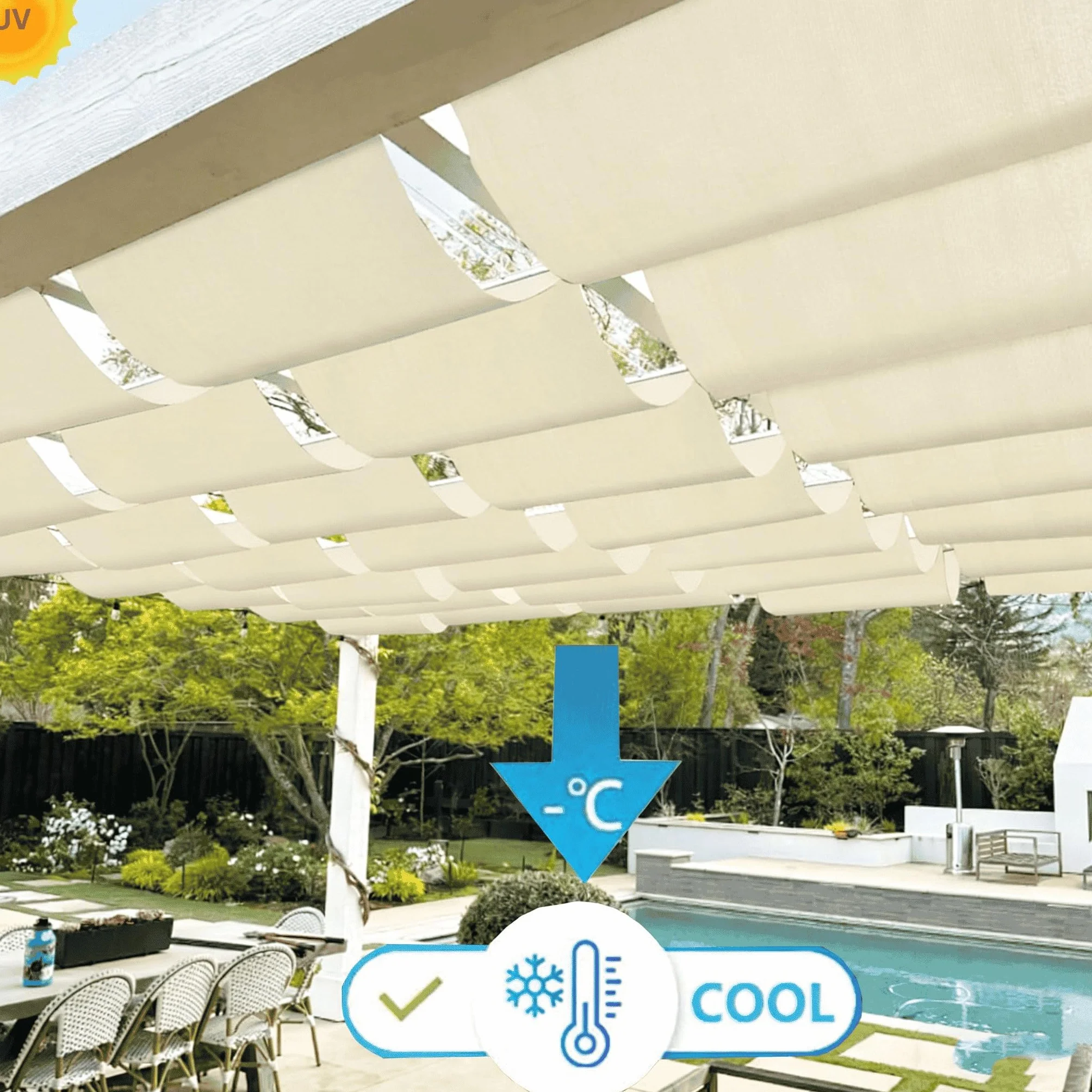 Retráctil Ondulada Vela de Sombra 2.5x6m Impermeable Toldos Exterior Rectangular Protección Rayos UV Resistente al Desgarro para Terraza Balcon Exterior Jardín con Ojales y Cuerdas Crema