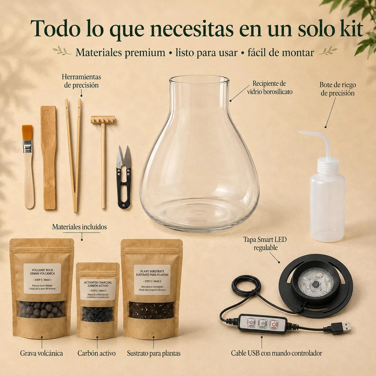 Kit Terrario XL Completo con Luz Smart LED para Jardín Eterno | Kit XL con recipiente 4L, luz Smart LED, herramientas, sustrato, grava, carbón activo y bote de riego antisalpicaduras