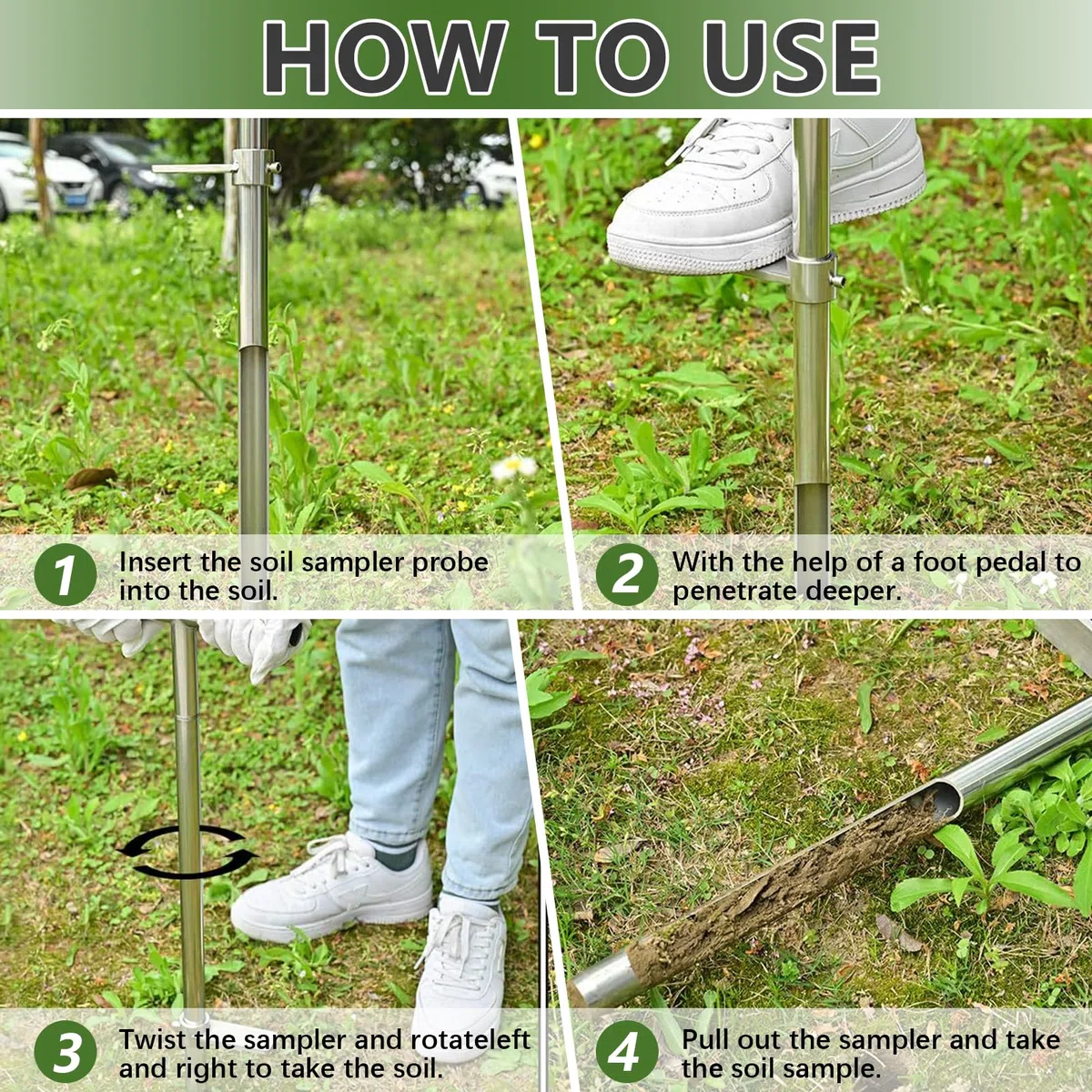 Sonda de Muestreo de Suelo, 91 Mm Muestreador de Suelo Sonda Pedal de Pie Tubular de Acero Inoxidable con 2 Bolsas de Muestras Reutilizables para Cuidado de Plantas y Jardinería