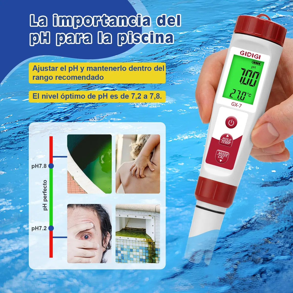 Medidor de Cloro y pH Digital, 7 en 1 Comprobador pH y Cloro Piscina, Medidor de ORP Cloro Sal EC PPM, Test Sal y Cloro para Piscinas, Hidroponía, Agua Potable y Pecera de Agua Salada