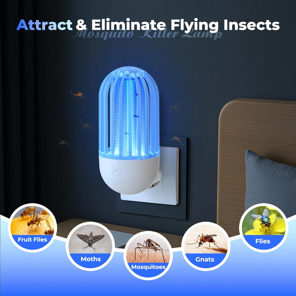 Mata Mosquitos Eléctrico Plug in 2 Packs Lámpara Antimosquitos Interior con Luz LED, 2100V Lampara Mosquitos Interior para Exteriores, Cocinas, Hogar, Jardín, Patio, Camping (Azul)