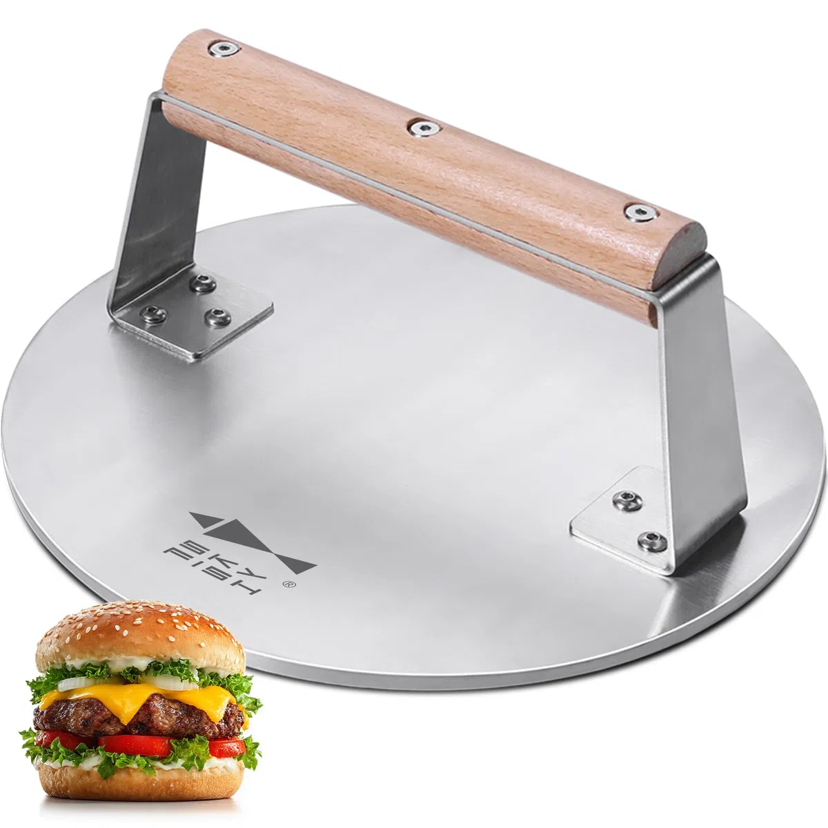 SKY FISH Prensa de hamburguesas Smash de acero inoxidable, 1650 g, prensa de parrilla de tocino y hamburguesas de alta resistencia con mango de madera, herramienta de prensa de barbacoa de 8.5
