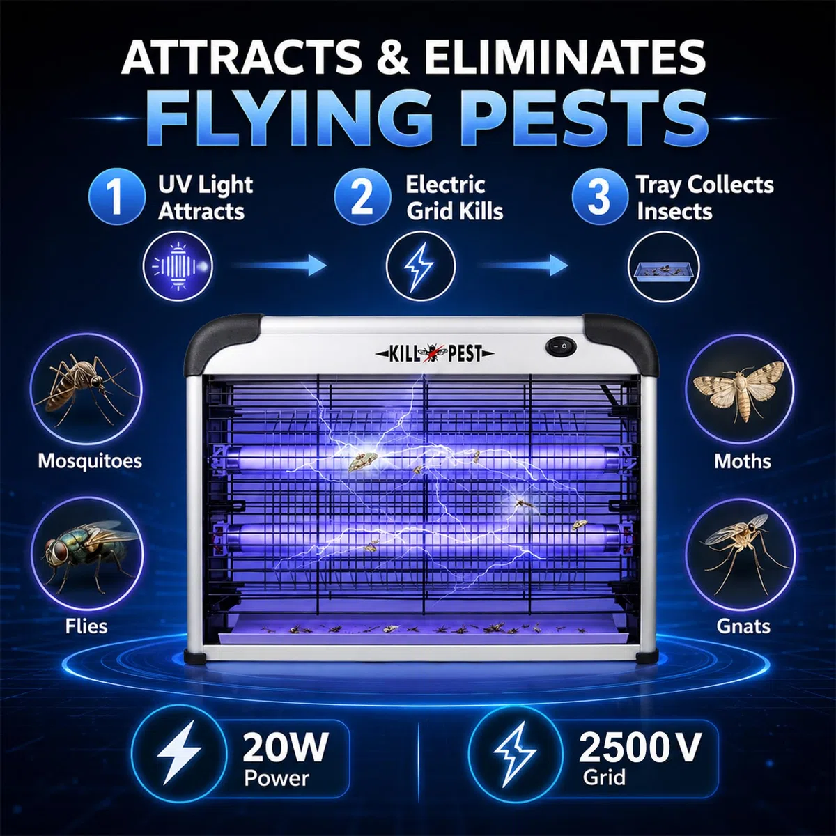 Lámpara Antimosquitos Eléctrica 2500V, 20W UV Exterminador de Insectos, Mata Moscas con Bandeja Extraíble, Trampa para Mosquitos para Casa, Cocina, Dormitorio, Salón
