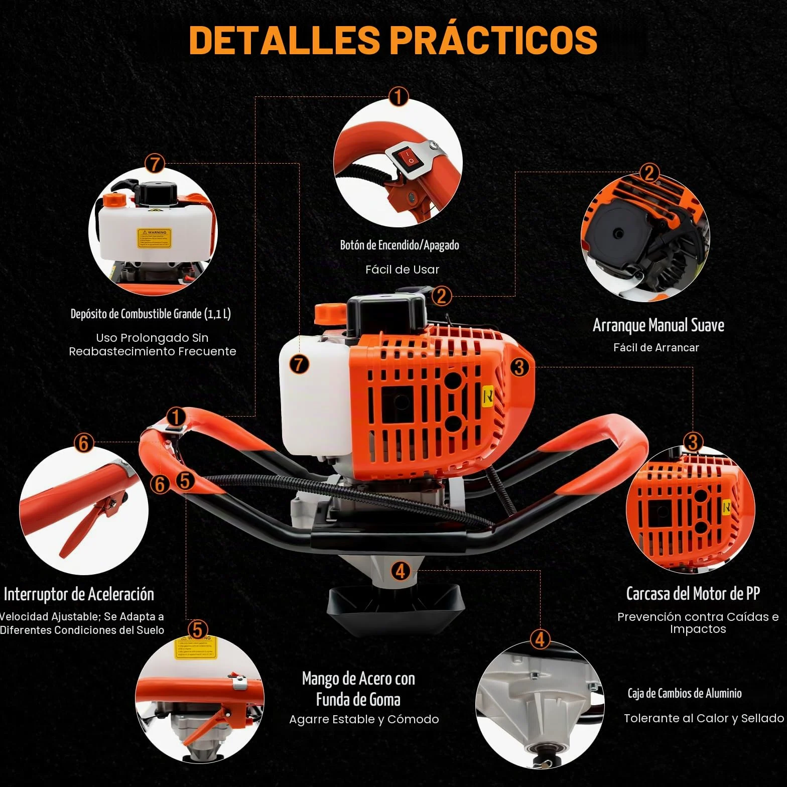 Ahoyadora Gasolina 52cc, Motor de 2 Tiempos, Taladro de Gasolina con 3 Brocas de 4/6/8 Pulgadas, Taladro de Tierra Ahoyador Gasolina