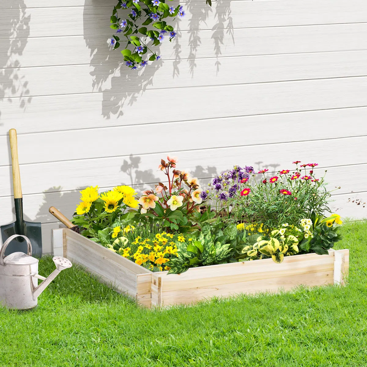 Outsunny Huerto Urbano Arriate de Madera de Jardín Cuadrada Jardinera Macetero para Cultivos Plantas Flores Hierbas Terraza 100x100x16 cm Natural