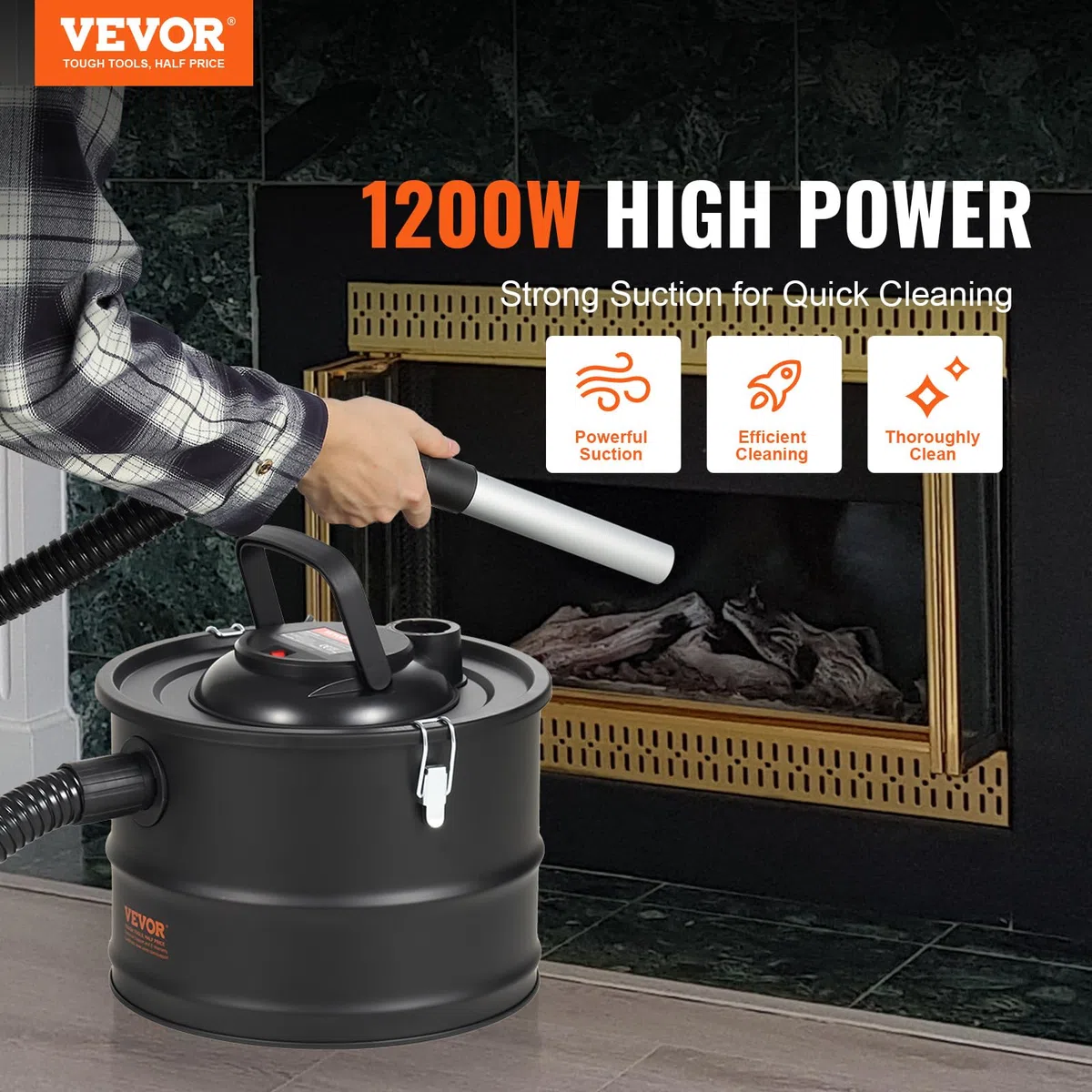 VEVOR Aspirador de Cenizas, 15 L, Potente Succión de 1200 W, con Succión Inversa, Cable de Alimentación de 3 m, 16 kPa de Aspiración Máxima, para Chimeneas, Estufas de Pellets, 320 x 315 x 250 mm