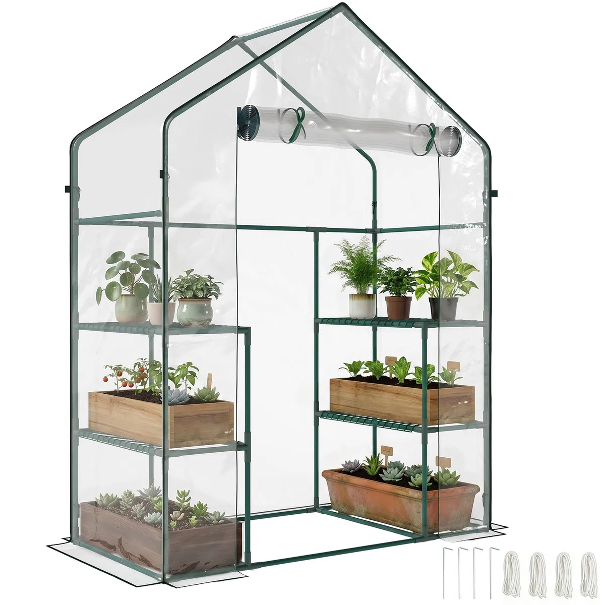 Outsunny Invernadero de Jardín Invernadero de Terraza con 4 Estantes 1 Puerta con Cremallera para Cultivo de Plantas Flores Verduras 142x73x195 cm Verde