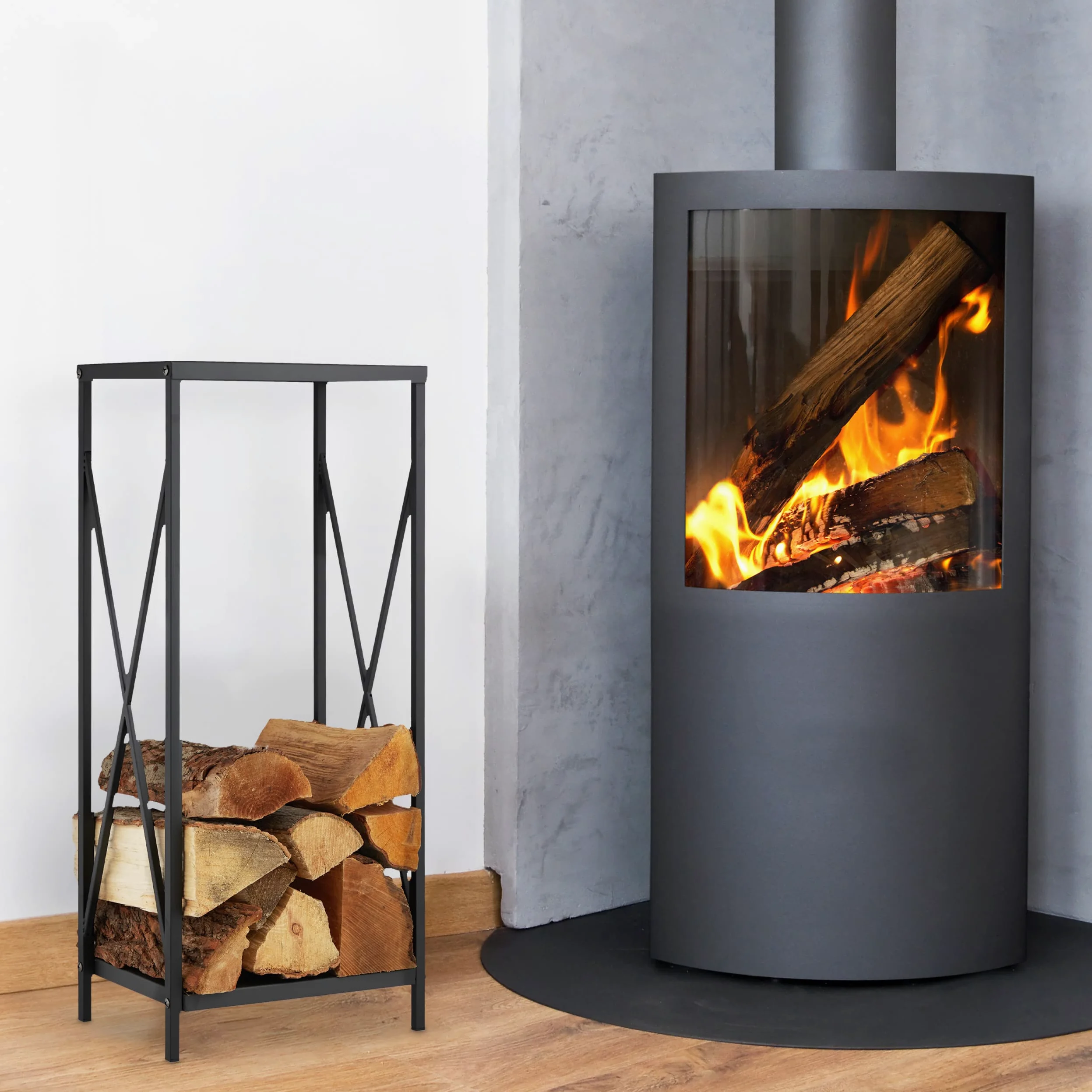 Relaxdays Leñero Vertical, Soporte Leña Metal, 80 x 34 x 25 cm, Bandeja Leños Acero, Accesorio Chimenea, Interior, Negro