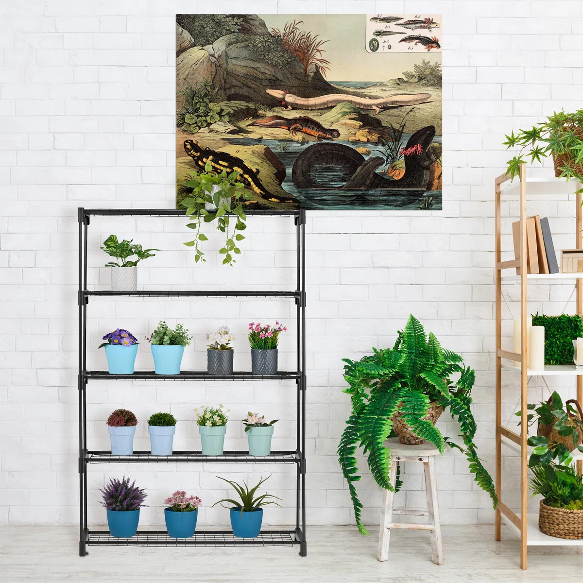 Relaxdays Estantería para Plantas, 5 Niveles, Mueble Macetas Flores y Hierbas, Soporte Metálico, 140 x 91 x 28 cm, Negro
