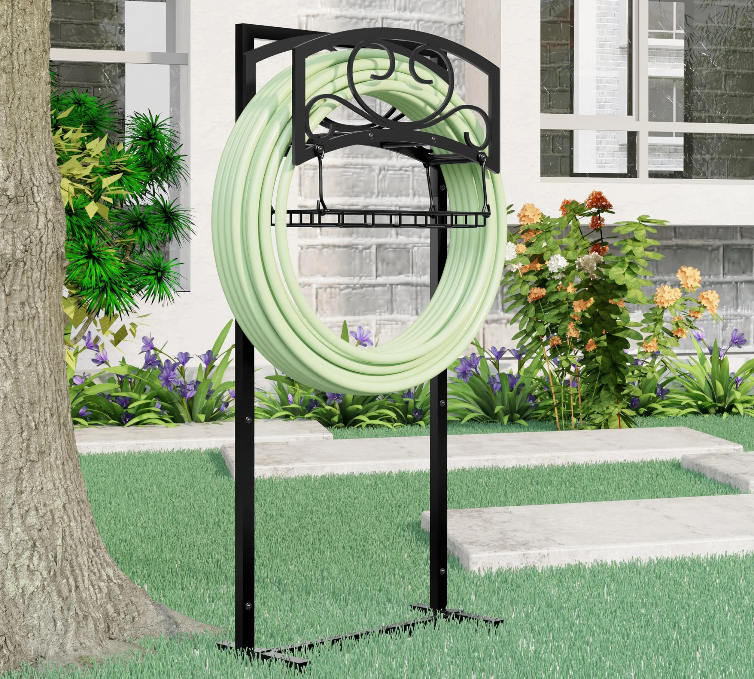Kingson Soporte independiente para manguera de jardín con cesta de almacenamiento, acero recubierto de polvo negro resistente, sostiene manguera de 150 pies, diseño desmontable y portátil con