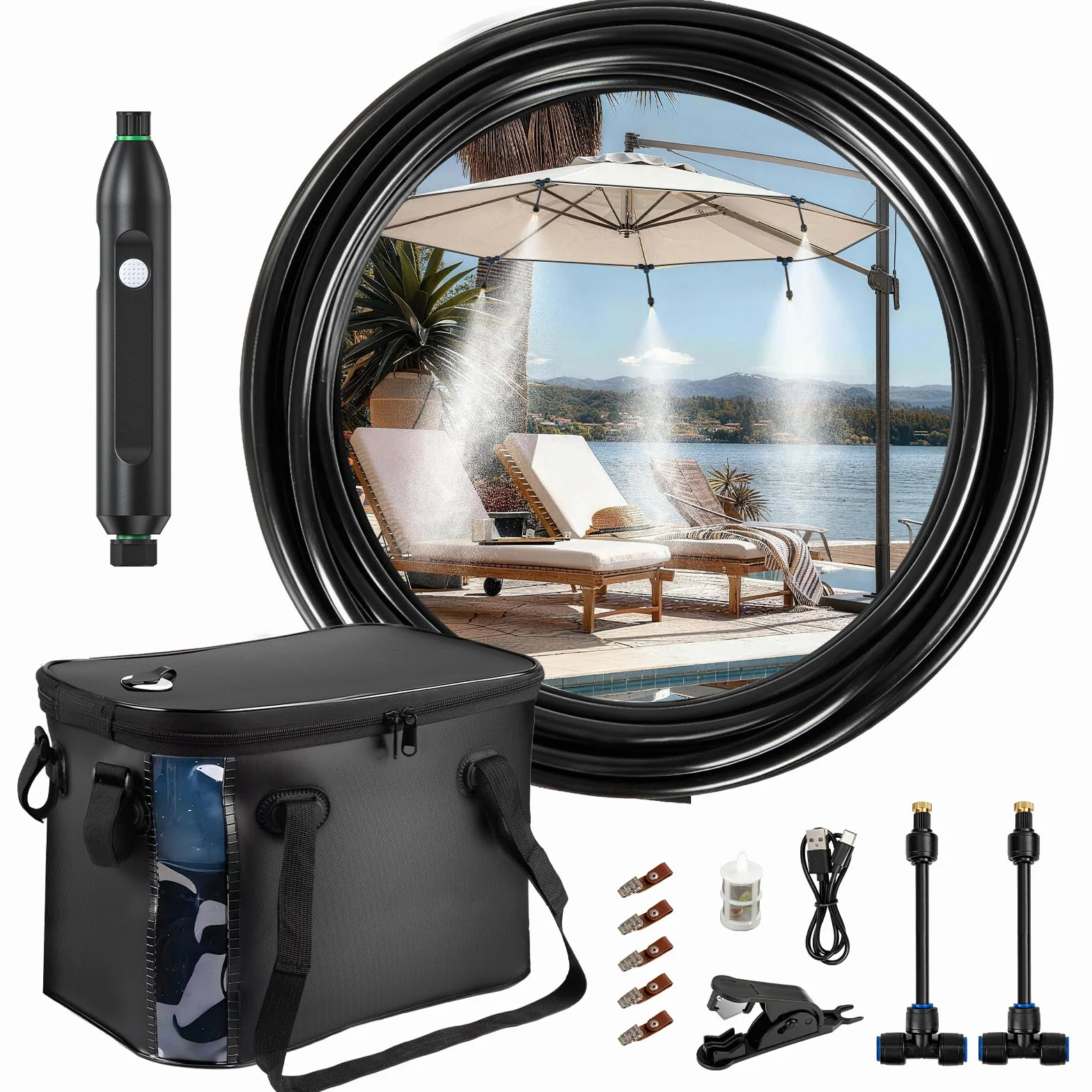 Sistema de rociado portátil para terraza exterior – Neblina para enfriamiento de terraza, sistema de neblina portátil con bomba de agua de 4500 mAh, cubo de 20 l, 8 boquillas, neblina de agua para