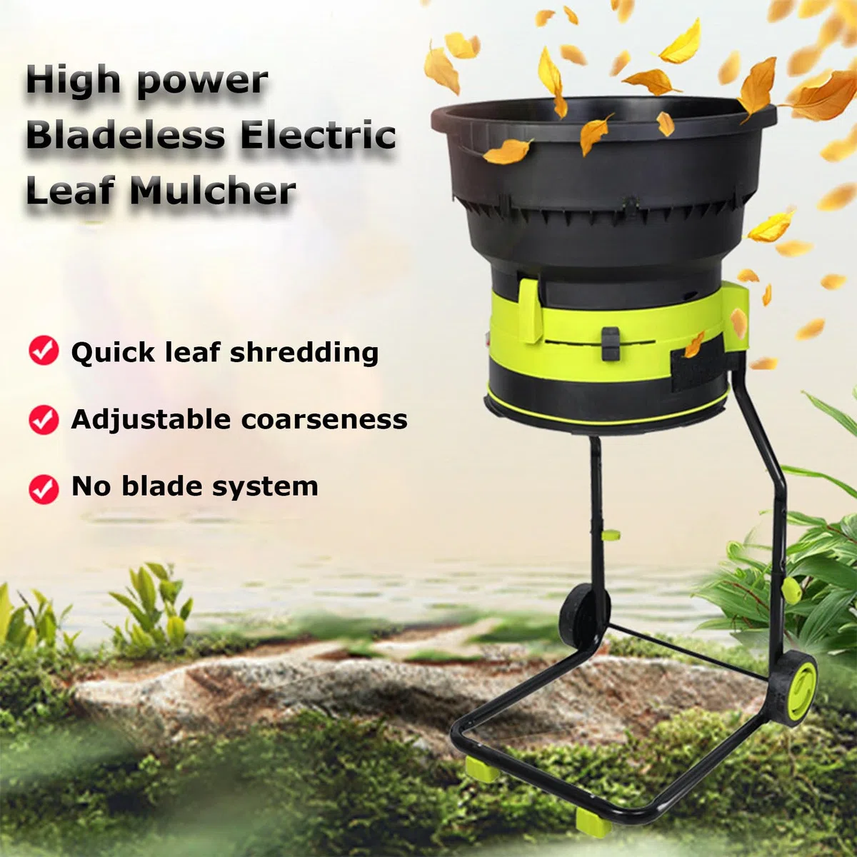 Trituradora eléctrica sin cuchillas de 2500 W, con cable, tamaño de corte ajustable, funcionamiento silencioso, trituradora de jardín con rueda de transporte, 30 cm
