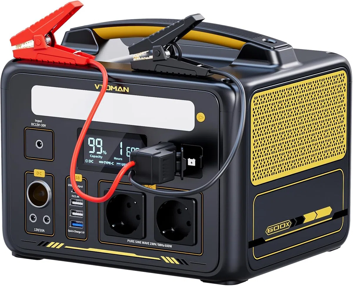 VTOMAN Jump 600X Estación de Energía Portátil con Cable de Arranque, 600W Generador Solar LFP Batería, 2 Salidas CC Ajustable a 12V/10A, 299Wh Capacidad Ampliable a 939Wh para Acampadas y Emergencias