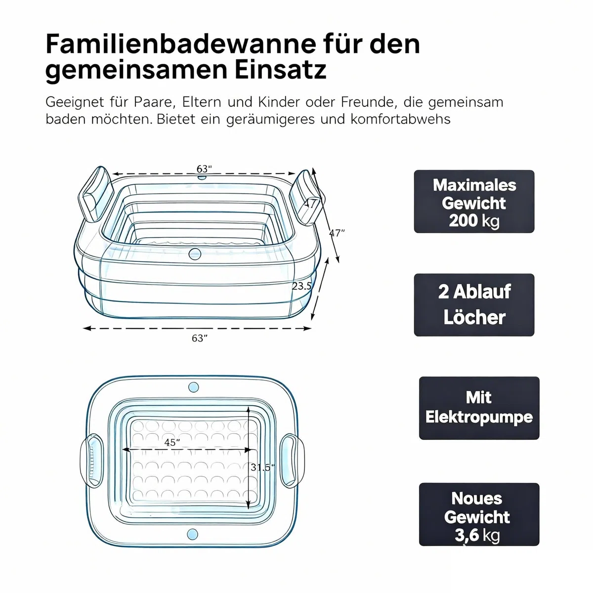 Bañera hinchable para adultos, bañera plegable SPA para ducha, balcón y jardín, incluye bomba eléctrica, inflable rápida y fácilmente