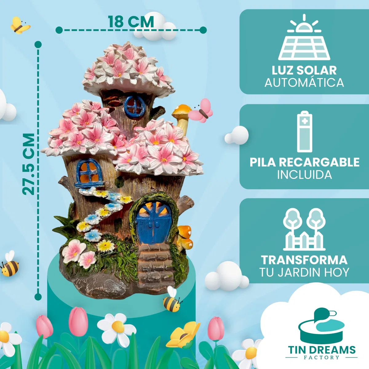 Casa del Árbol de Flores Encantadas - con Luz Solar Recargable – Figura de Fantasía para Exterior, Jardín, Patio, Terraza – Adorno Mágico con Iluminación LED Automática