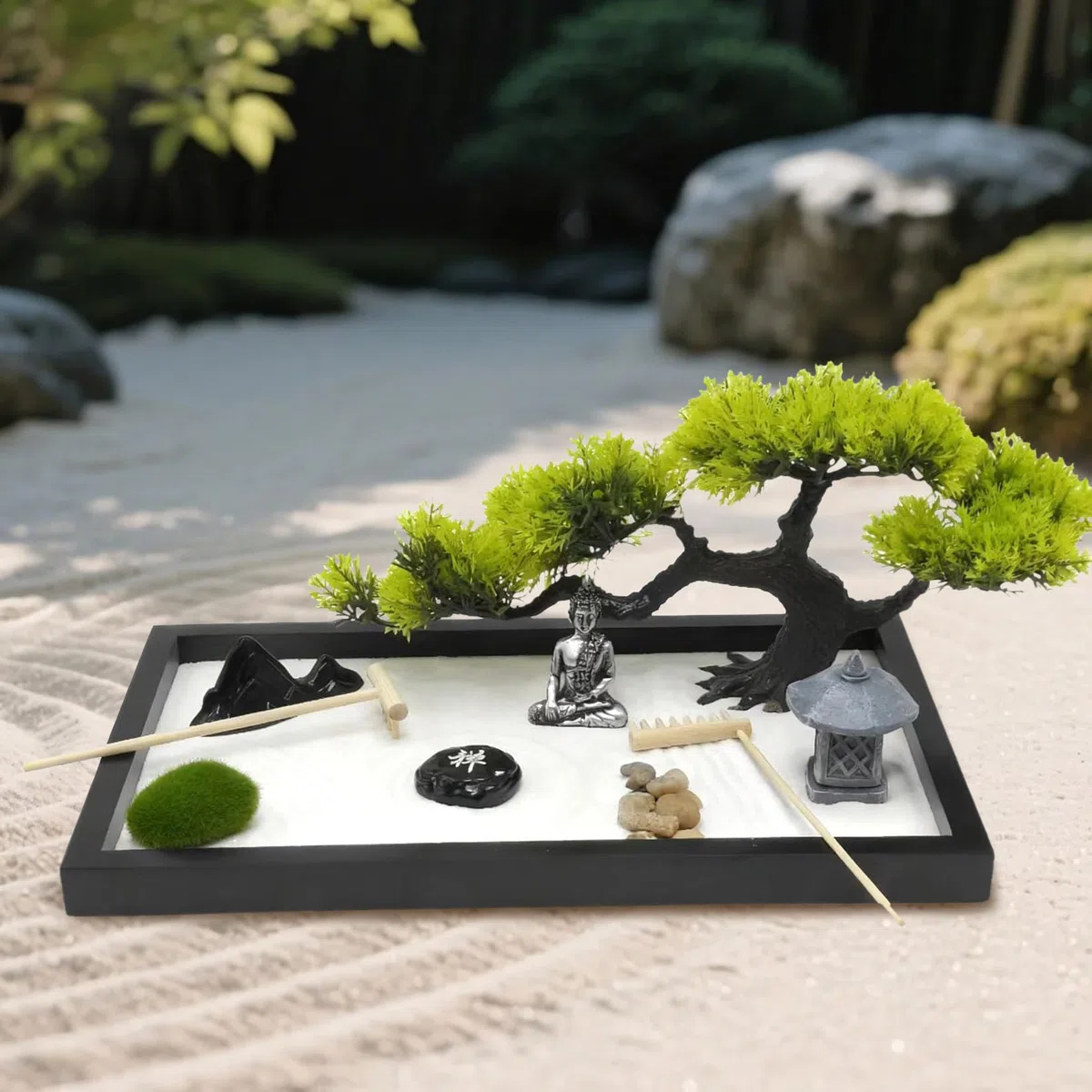 Jardin Zen en Miniatura 12x8 Pulgadas Incluye Arena Estatuas Palos Bandejas Piedras Etc Accesorios para jardín Zen Adecuado para la decoración como Regalo para la meditación
