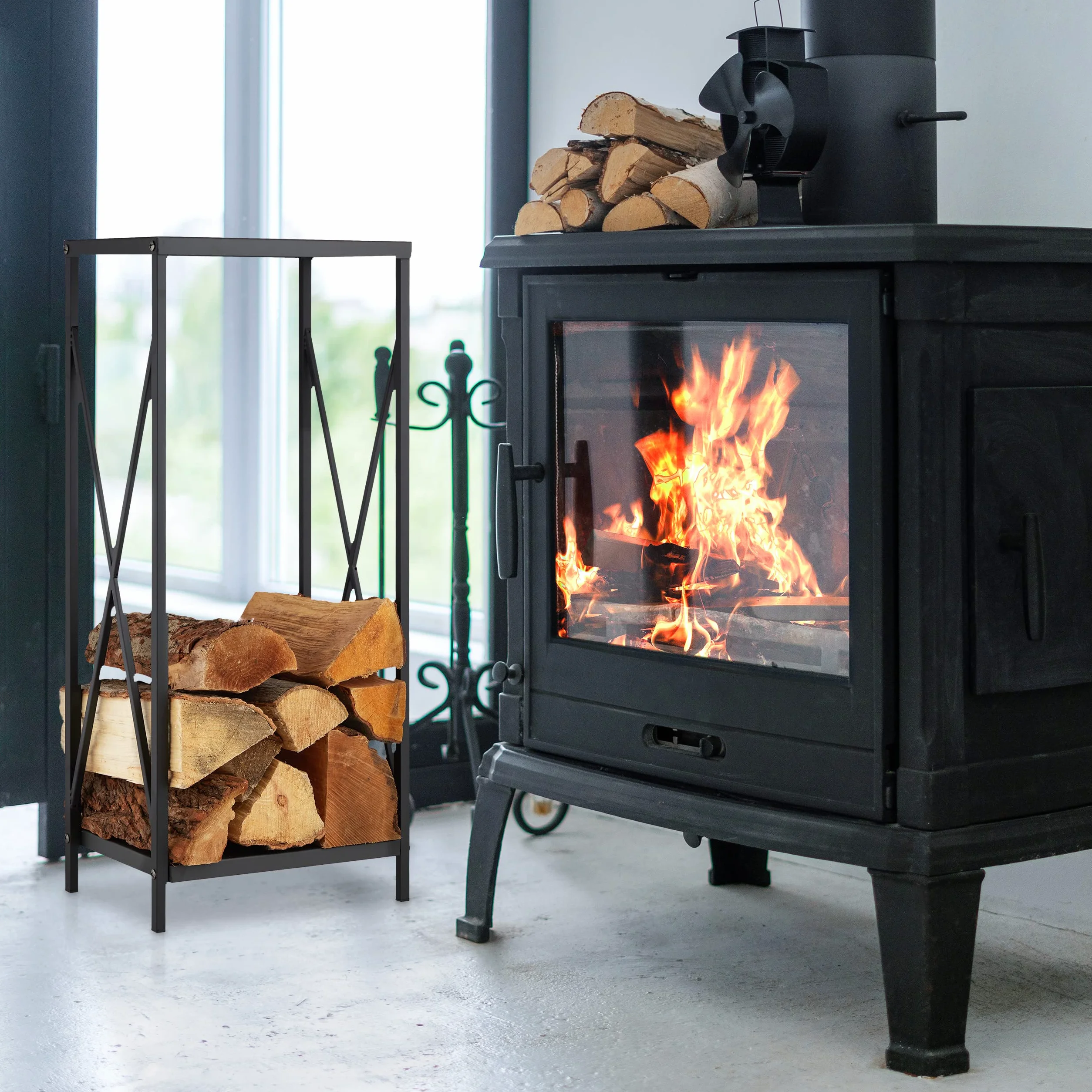 Relaxdays Leñero Vertical, Soporte Leña Metal, 80 x 34 x 25 cm, Bandeja Leños Acero, Accesorio Chimenea, Interior, Negro
