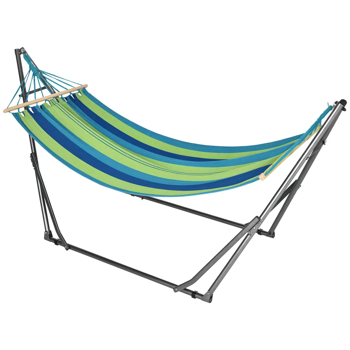 Outsunny Hamaca con Soporte Plegable 2 en 1, Tendedero con Barra, Estructura de Acero, Hamaca de Camping Portátil de Algodón, Carga 120 kg, para Jardín, Patio, Terraza, 270x100x94 cm, Azul y Verde