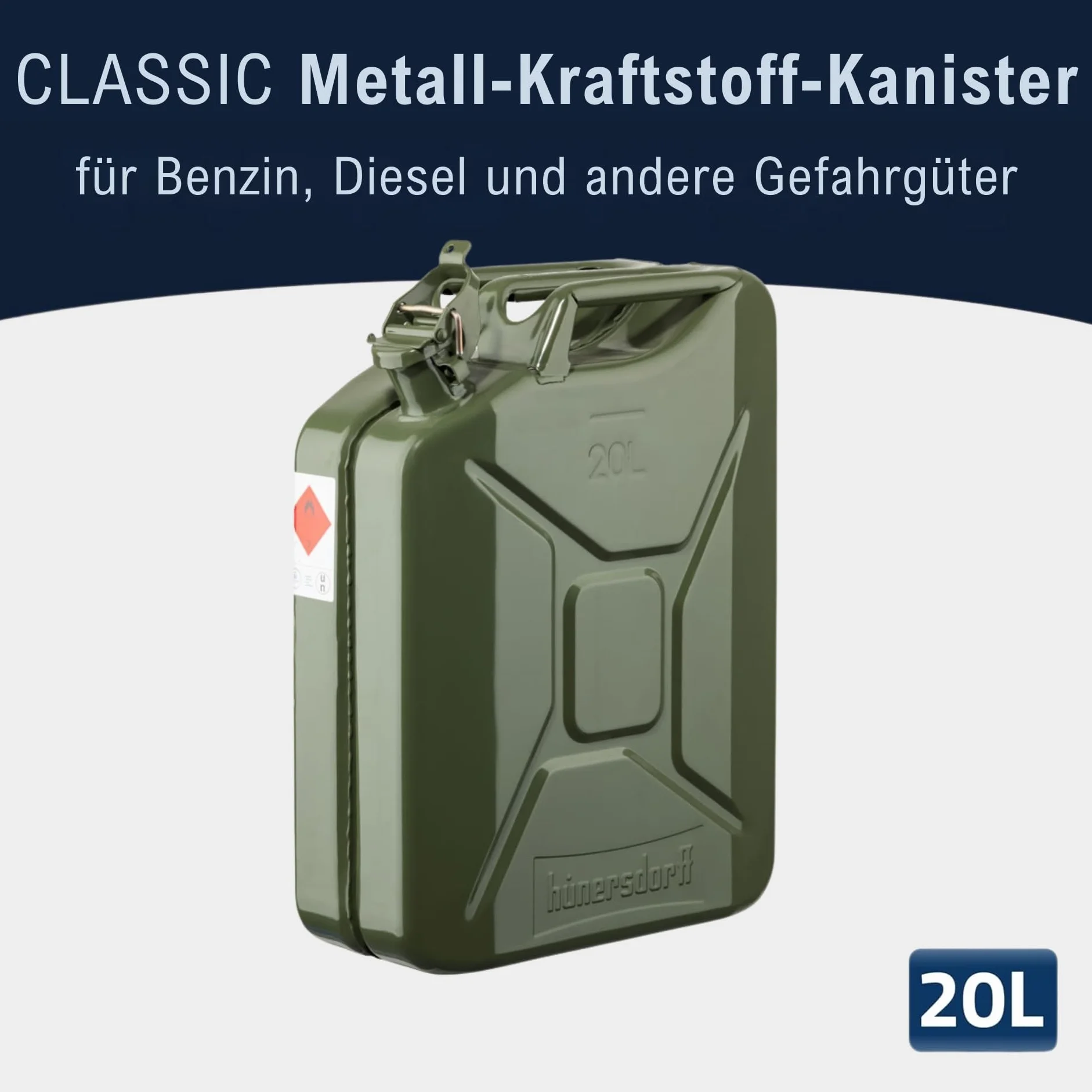 Hünersdorff Bidón metálico para carburante CLASSIC 20 litros verde oliva, con recubrimiento en polvo