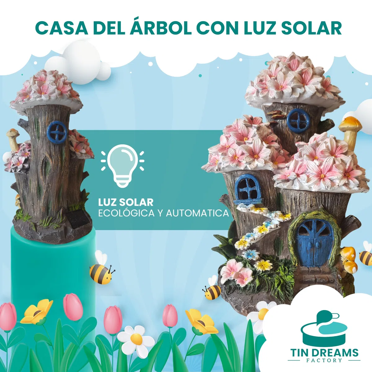 Casa del Árbol de Flores Encantadas - con Luz Solar Recargable – Figura de Fantasía para Exterior, Jardín, Patio, Terraza – Adorno Mágico con Iluminación LED Automática