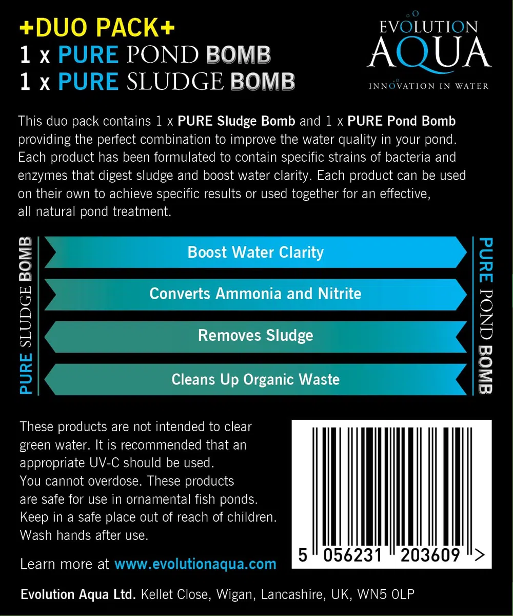 Evolution Aqua Pure Duo Pack - Bomba de estanque y bomba de lodo para estanque, tratamiento de agua transparente, removedor de lodos de estanque, paquete económico Duo ofrece un tratamiento natural