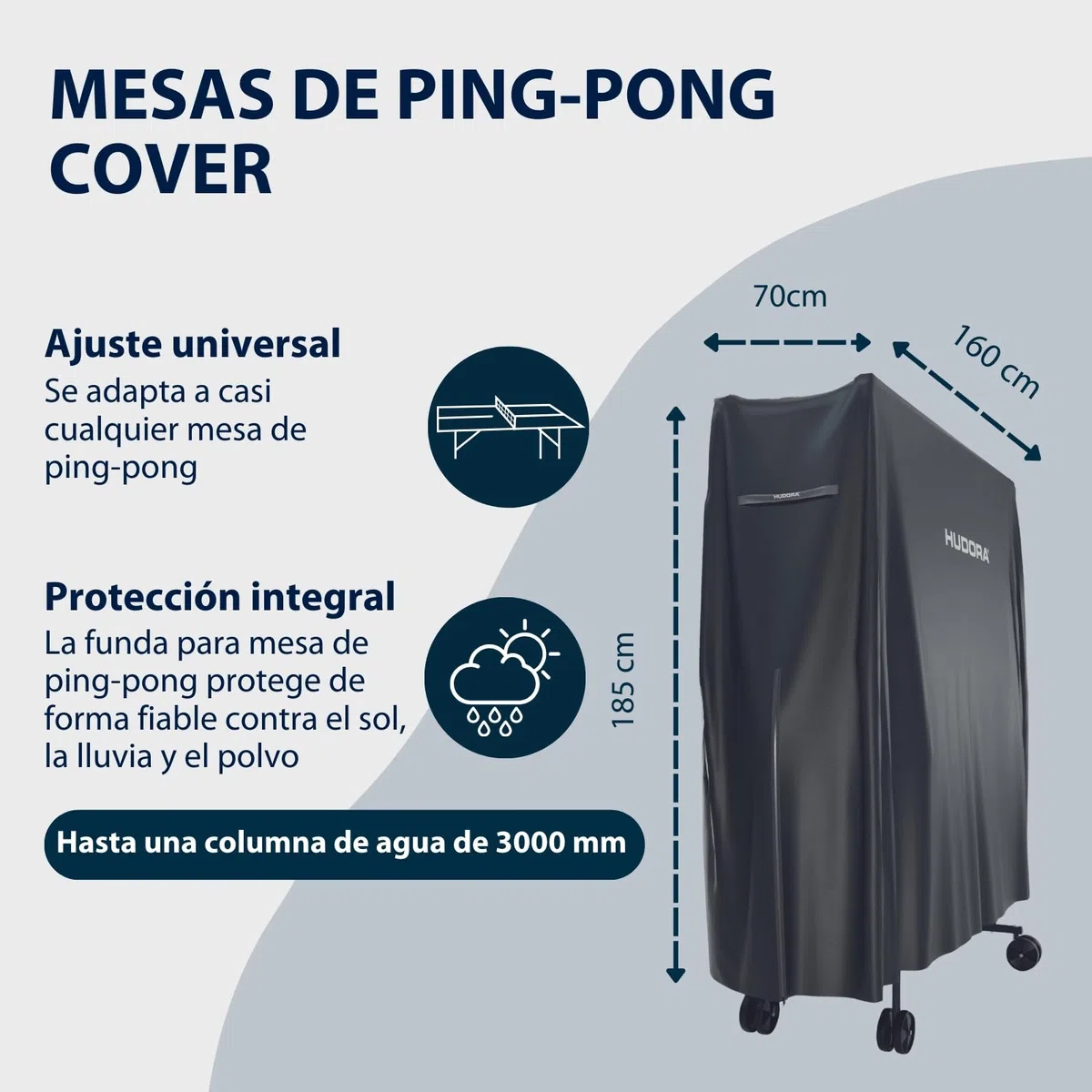 HUDORA Funda para Mesa de Ping-Pong I 187x72x156 cm I Cubierta con Revestimiento de PU I Protección contra sol, polvo & lluvia I Protector para Mesa de Ping-Pong con Cremallera