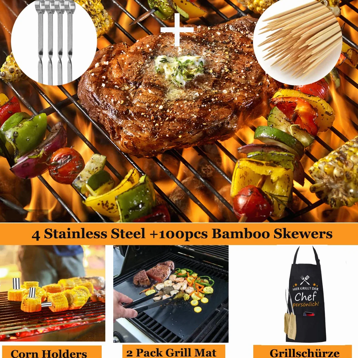 MUJUZE Kit Barbacoa,Regalo para Hombres Utensilios Barbacoa,21 Piezas Kit de Barbacoa Camping Profesionales de Acero Inoxidable,con Delantal para BBQ