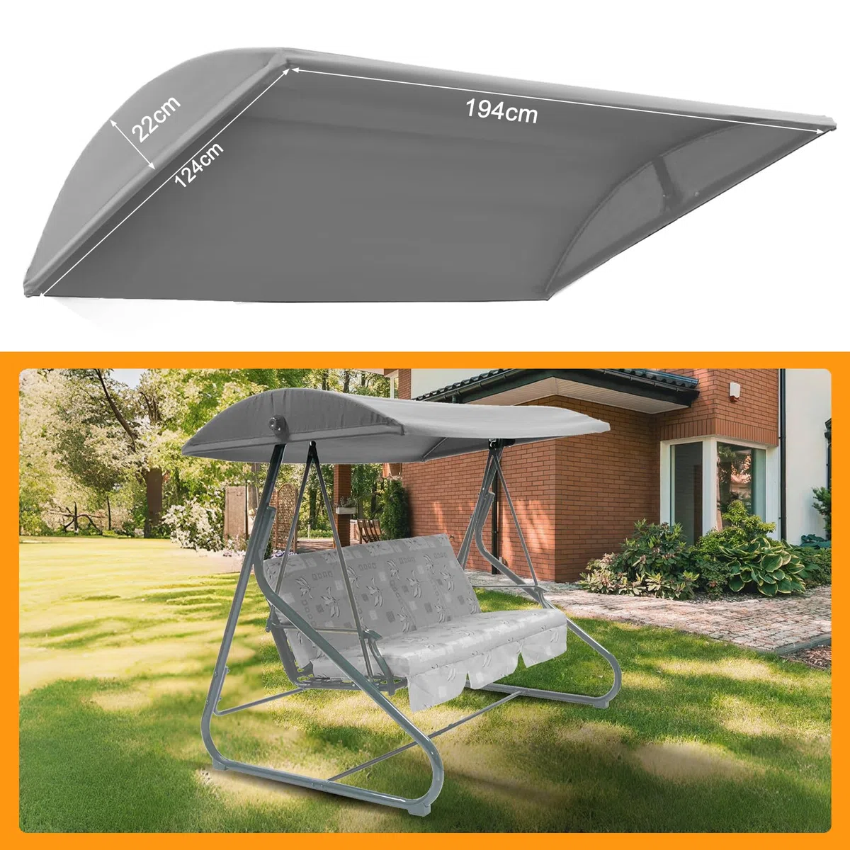 WingFly B&Q Colorado - Toldo de repuesto para hamaca de jardín de 3 plazas, solo cubierta superior, para hamaca de jardín (gris)