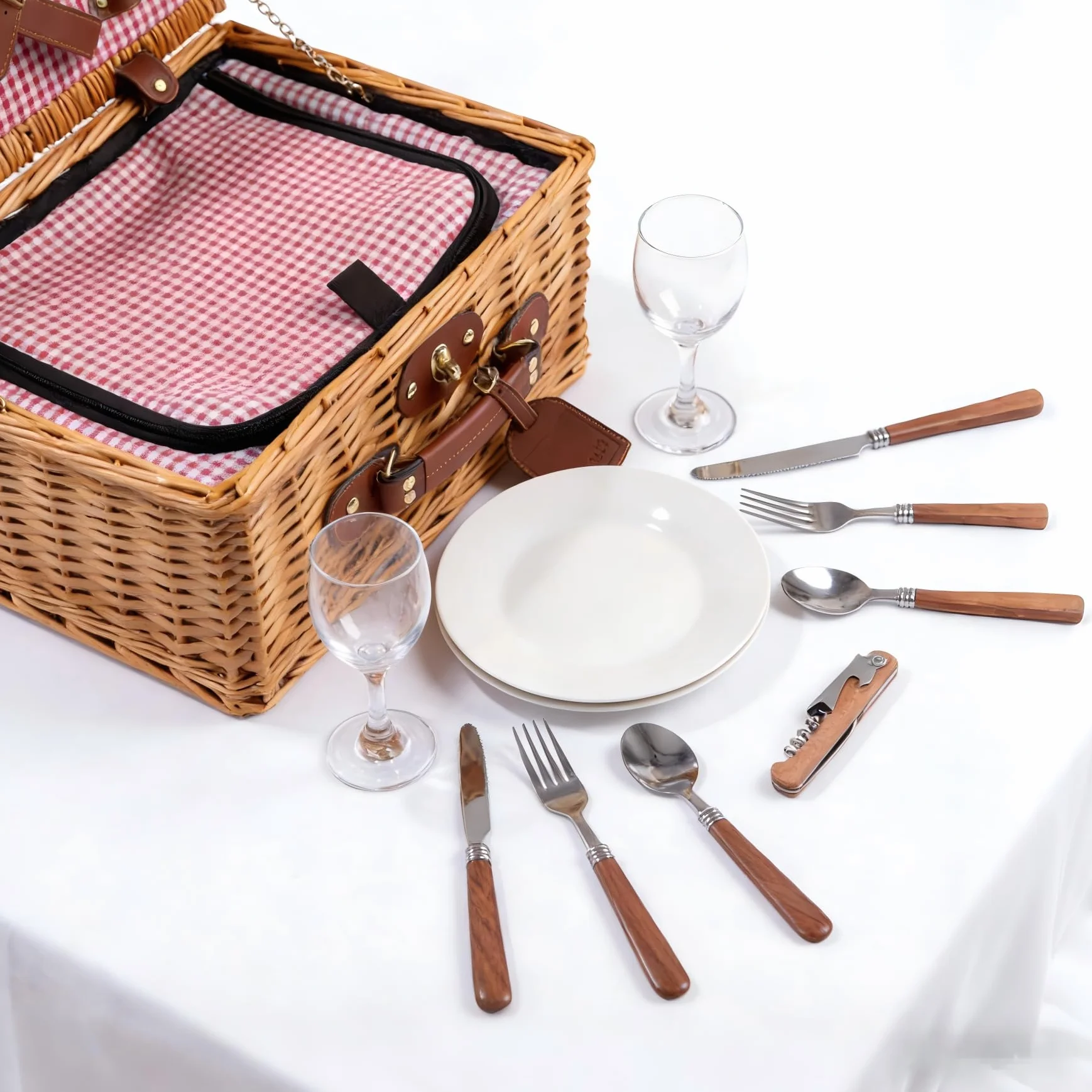 Cesta de Picnic de Mimbre para 2 Personas con Bolsa Térmica y Vajilla Completa – Platos de Cerámica, Copas de Vidrio y Cubiertos de Acero Inoxidable