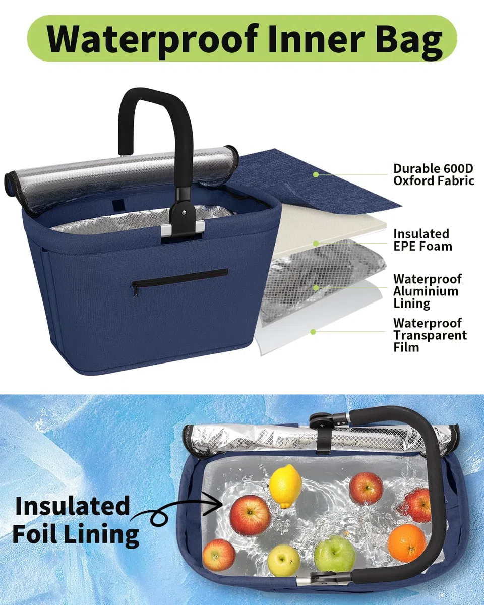 35L Bolsa Refrigeradora Aislada, Cesta de Picnic con Aislamiento, Portátil Cesta Plegable Impermeable, 600D Tela Oxford Bolsa de Compra Grande de Compra para Viajes, Picnics, Compras, Regalos - Azul