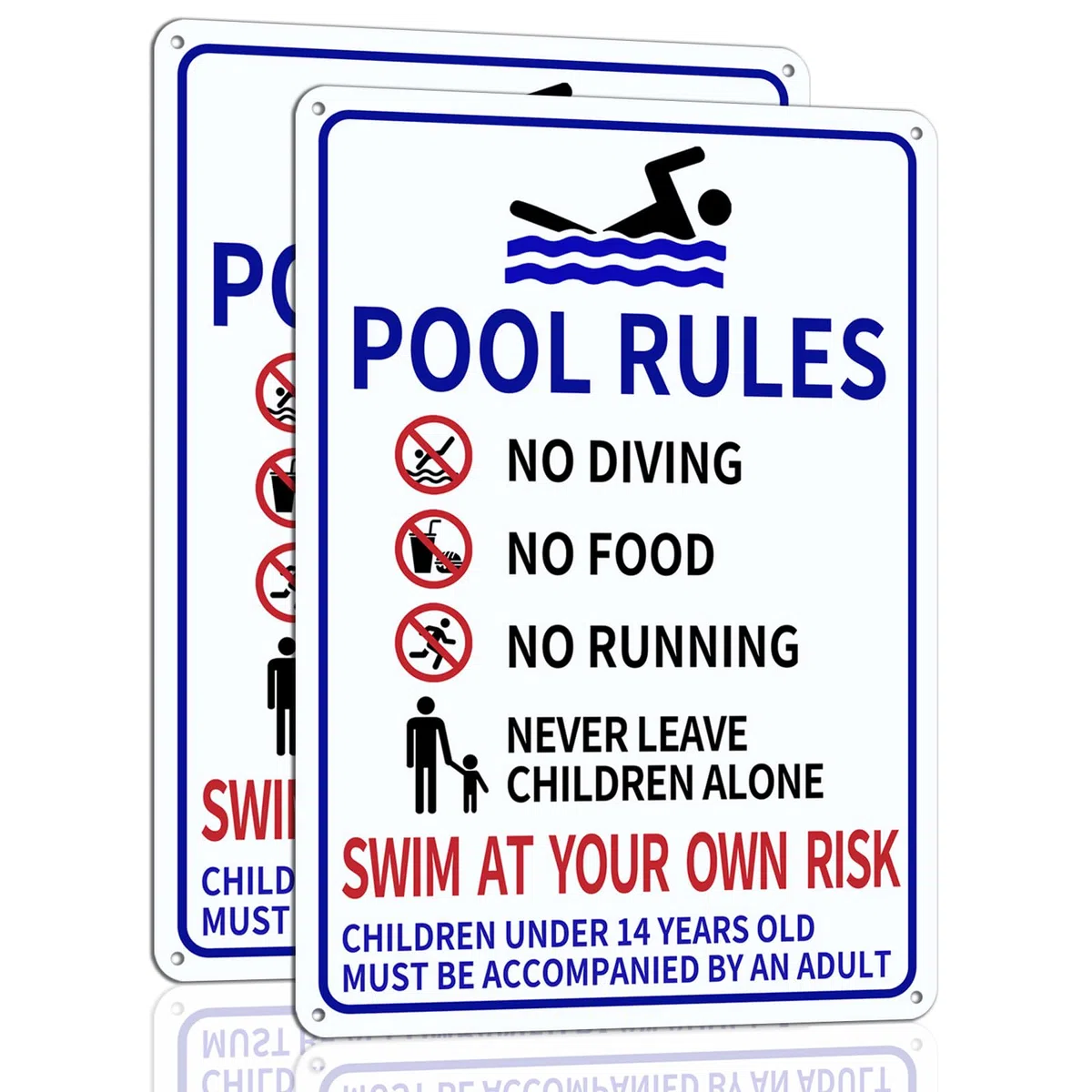 [Paquete 1+1] Letreros de piscina para exteriores, 14 x 10 pulgadas, impresos con "Watch Your Children" y "Swim at Your Own Risk", resistentes a la decoloración y sin óxido, carteles de piscina de
