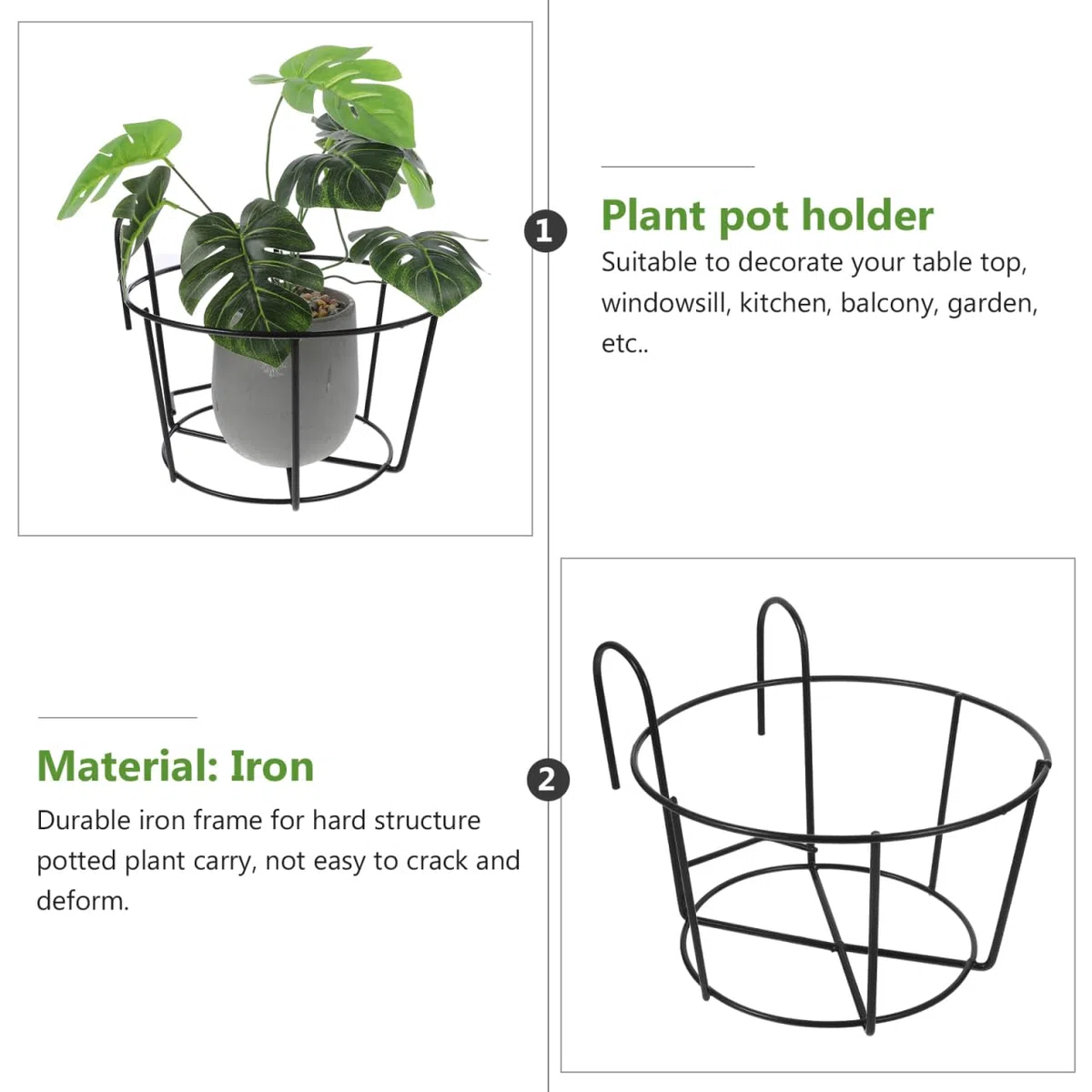 Angoily Pack de 2 macetas redondas de metal para colgar, soporte para macetas de alambre para colgar plantas, soporte para macetas negro, estantería de hierro, balcón, cesta para plantas para valla de