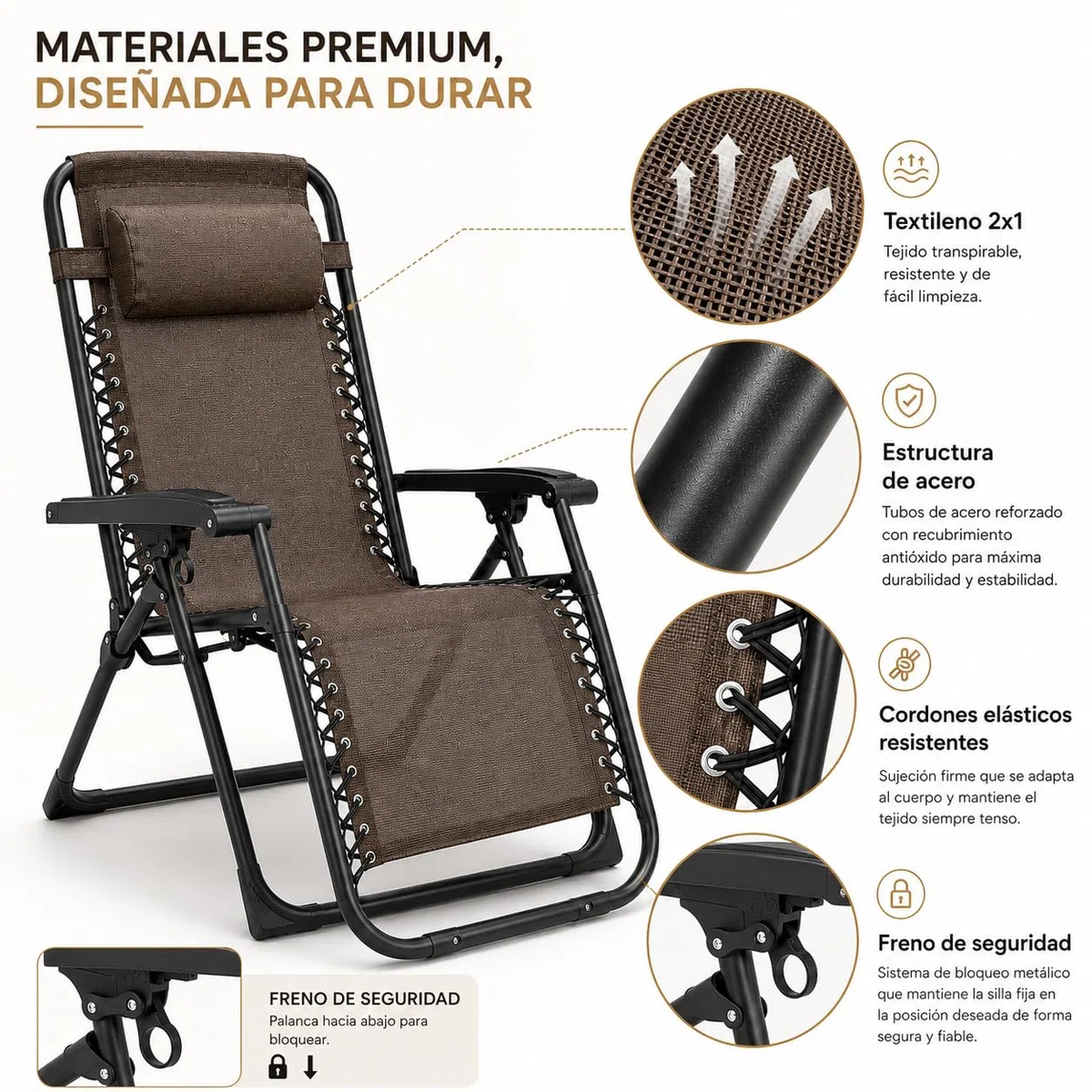 MARBUENO Tumbona Gravedad Cero Plegable Marrón con Reposacabezas, Silla Relax Exterior de Acero y Textileno Transpirable para Jardín, Terraza, Piscina y Camping 10007
