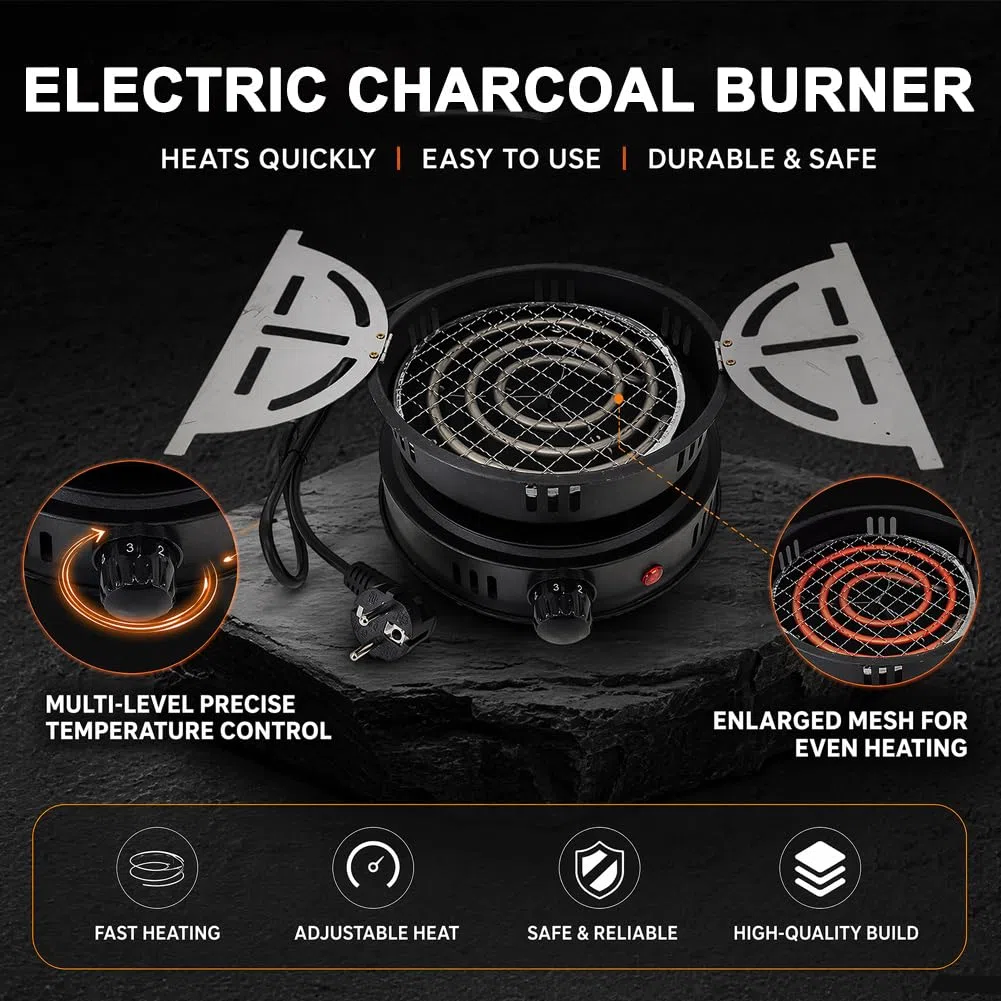RANJIMA Encendedor de carbón para shisha eléctrico, parrilla de carbón con pinzas, 1000 W, encendedor de carbón eléctrico para carbón, cable exterior, accesorios eléctricos, encendedor de carbón de