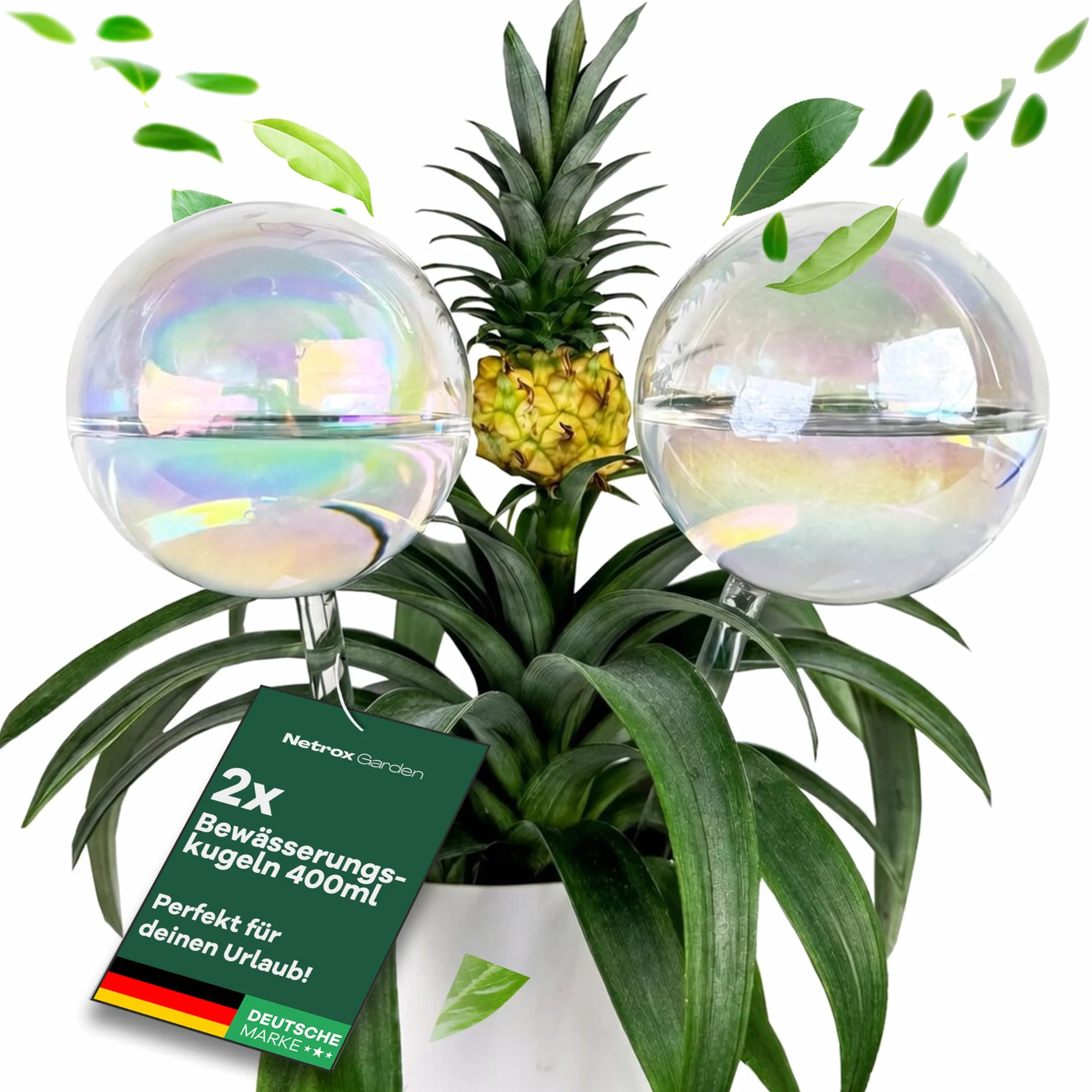 Netrox 2er Set de bolas de riego de vidrio 2X 400ml – riego automático para plantas, flores y jardín – ideal para vacaciones – riego, sistema de riego en maceta, dispensador de agua