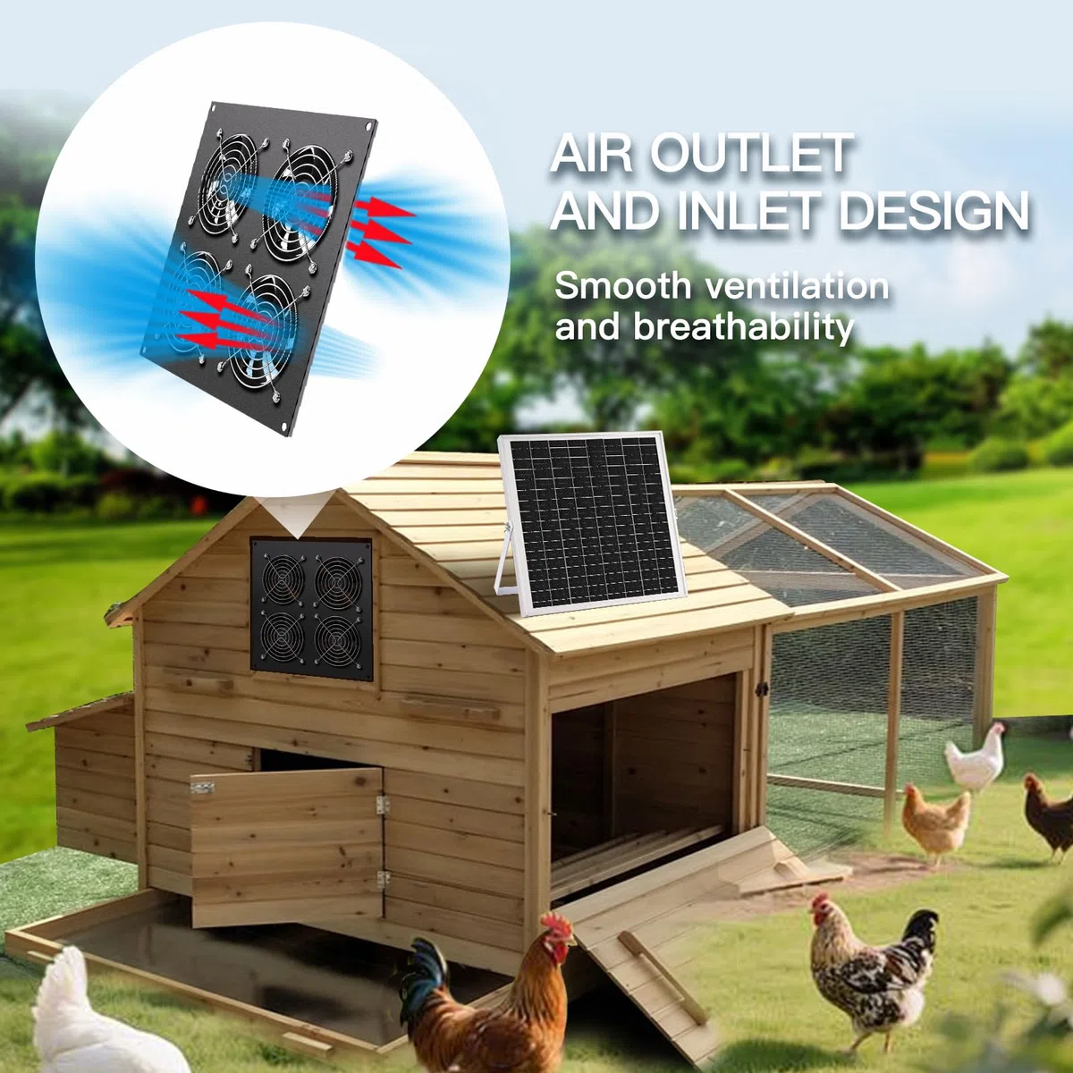 Ventilador solar, ventilador de panel solar de 15 W, con cuatro ventiladores impermeables IP67, adecuado para pequeños gallineros, invernaderos, cobertizos, casas de mascotas, entrada de aire