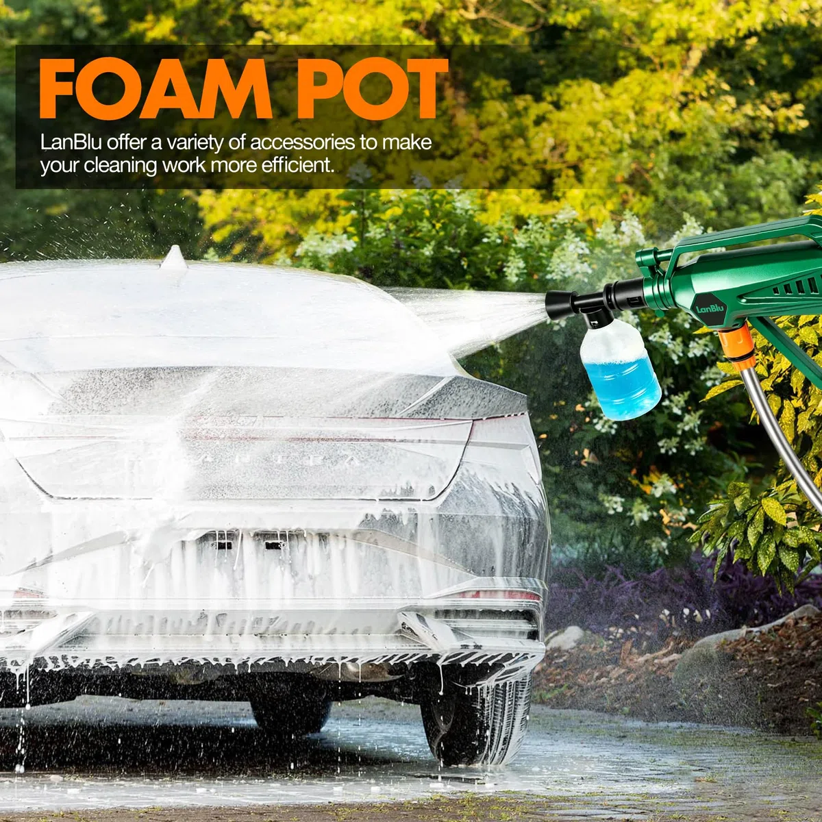 LanBlu Hidrolimpiadora Bateria de Alta Presion, Pistola de Agua a Presión Portátil con Boquilla Ajustable 6 en 1, Limpiadora Agua Presión para Coche, Pistola Hidrolimpiadora Sin Cable