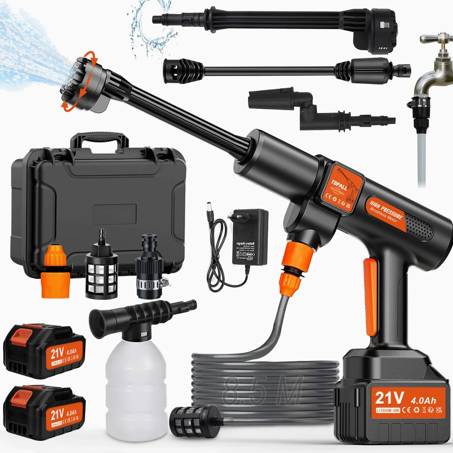 TOPALL Hidrolimpiadora Bateria Portatil,Press & Clean Pistola Lavado,Máximo 45Bar/652PSI,Pistola de Agua a Presión con Batería de 2 * 4.0Ah | Manguera de 8.5M | 6 en 1 Boquilla |Giratoria Boquilla