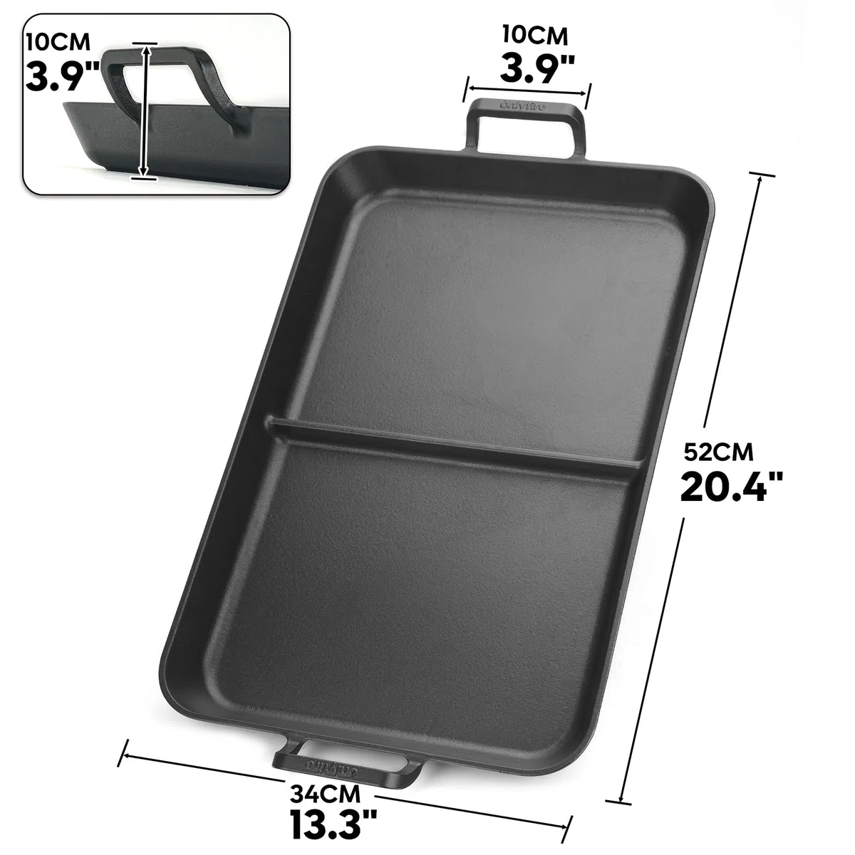 Onlyfire Plancha de Hierro Fundido para Inducción y Gas | 52x34cm Plancha con Revestimiento Antiadherente | Parrilla para Reuniones Familiares | Doble Zona, Ideal para Cocinar Carne y Verdura