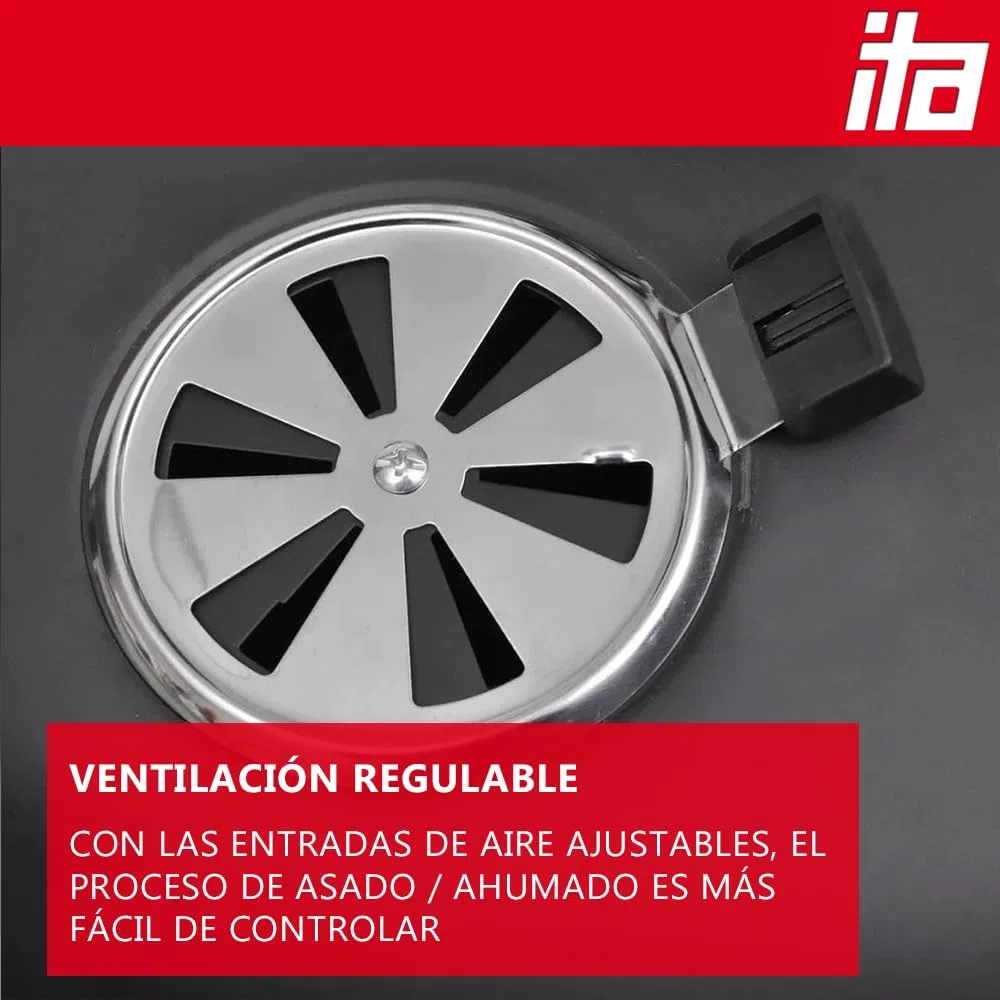ITA Parrilla Ahumador 3 en 1 Multifuncional - Asar, Ahumar, Cocinar - Parrilla de Carbón Modular con Termómetro y Regulador de Aire en Tapa - Barril Ahumador