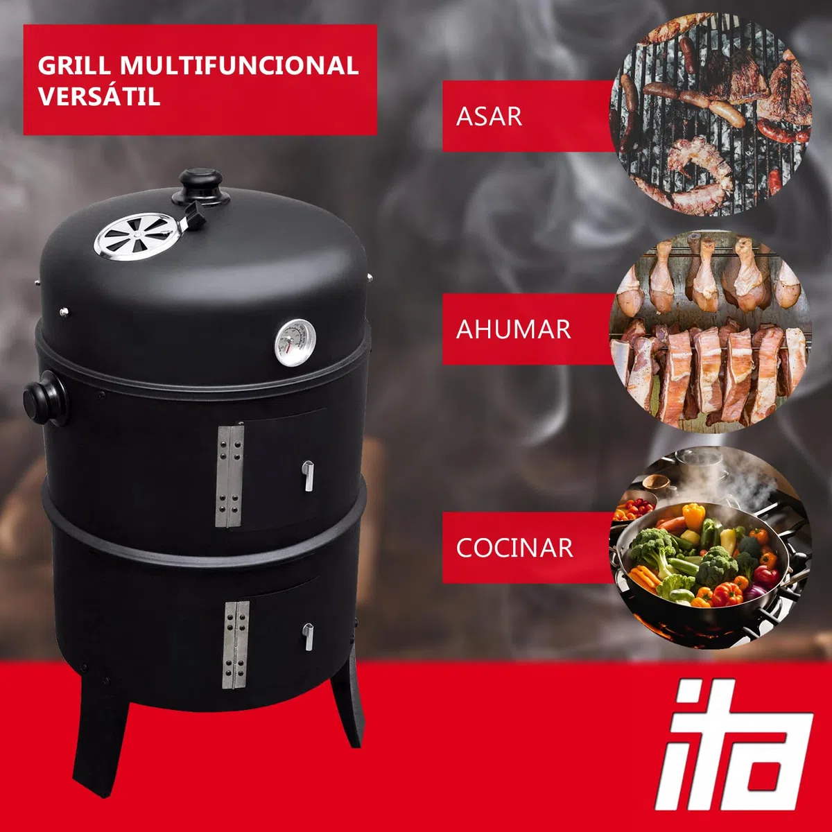 ITA Parrilla Ahumador 3 en 1 Multifuncional - Asar, Ahumar, Cocinar - Parrilla de Carbón Modular con Termómetro y Regulador de Aire en Tapa - Barril Ahumador