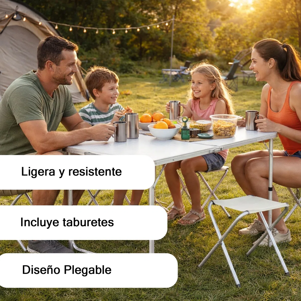 Weida Mesa Plegable Portátil con 4 Taburetes de Lona | Ideal para Camping, Playa, Pesca y Picnic | Diseño Compacto y Resistente | Montaje Rápido y Sencillo | Cómoda y Espaciosa | Color Blanco
